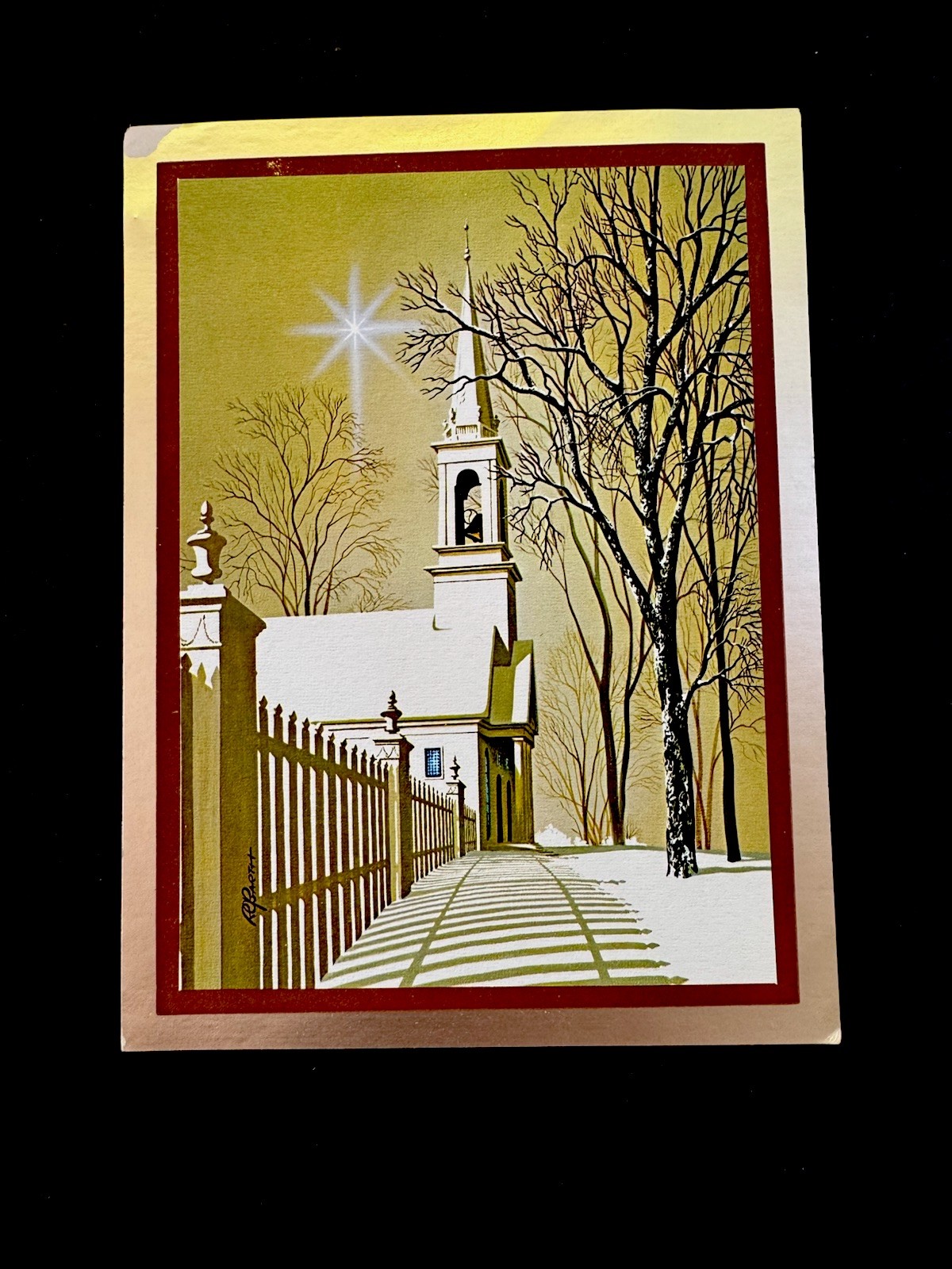 1 VTG Xmas Greeting Card in Style Of Eyvind Earle Long Fence Shadows 🌟 & Church
