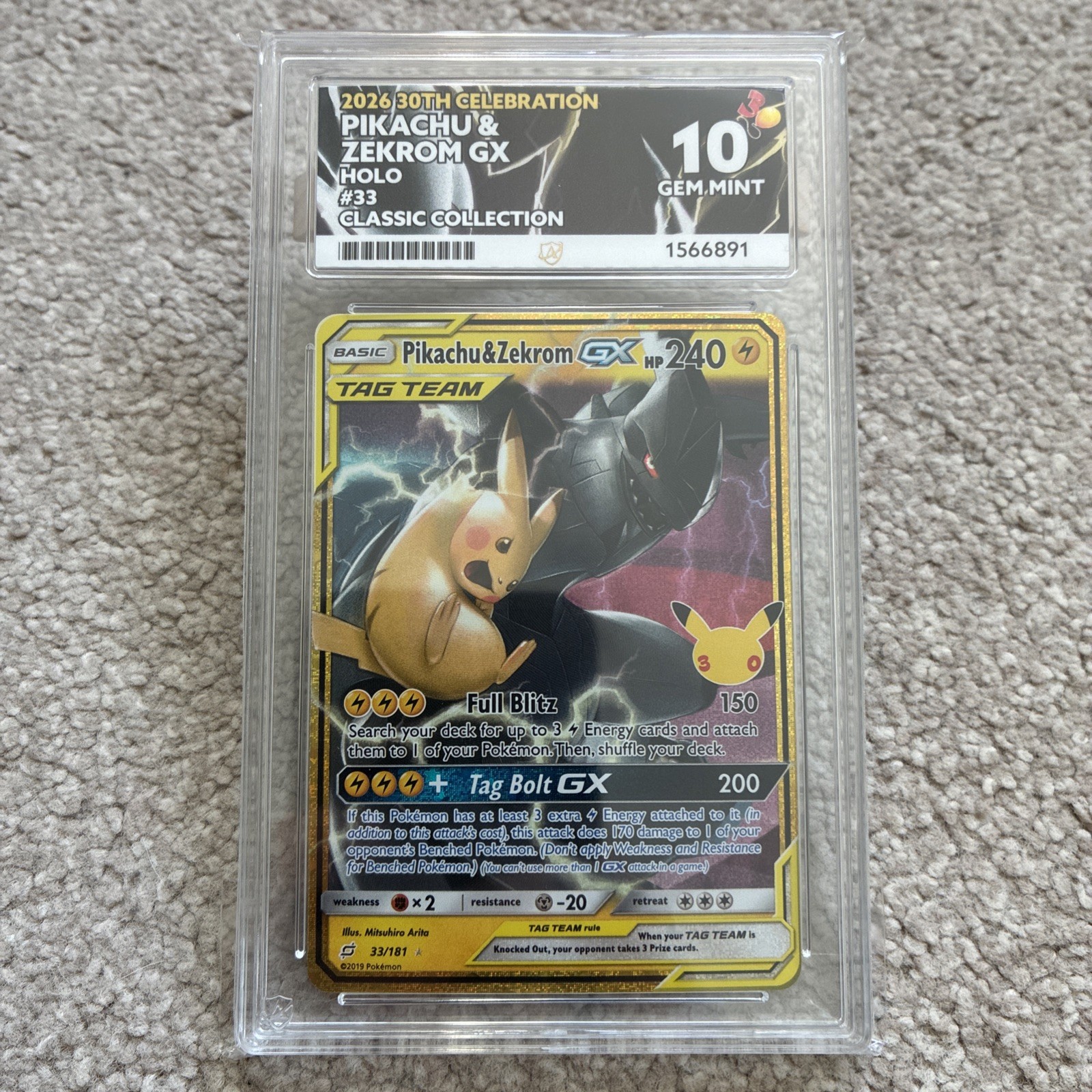 Pikachu & Zekrom GX 33/181 30th Celebration ACE 10 Perfect Subgrades