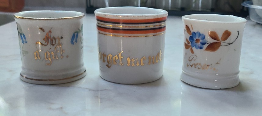 (3) Antique German Porcelain mini mugs - Forget Me Not, For a Gift, A Present