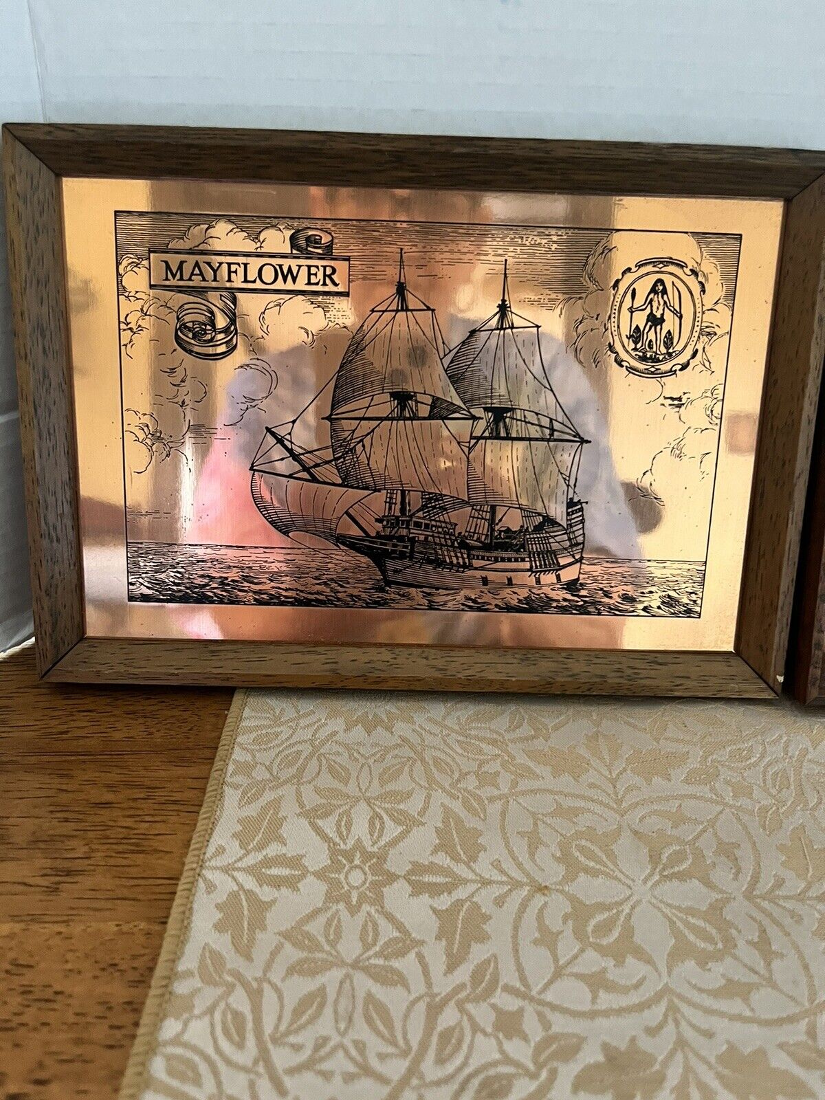 Vtg/framed /2/Copper Etching/ Original Wall Hanging/Mayflower/HMS Illustrious