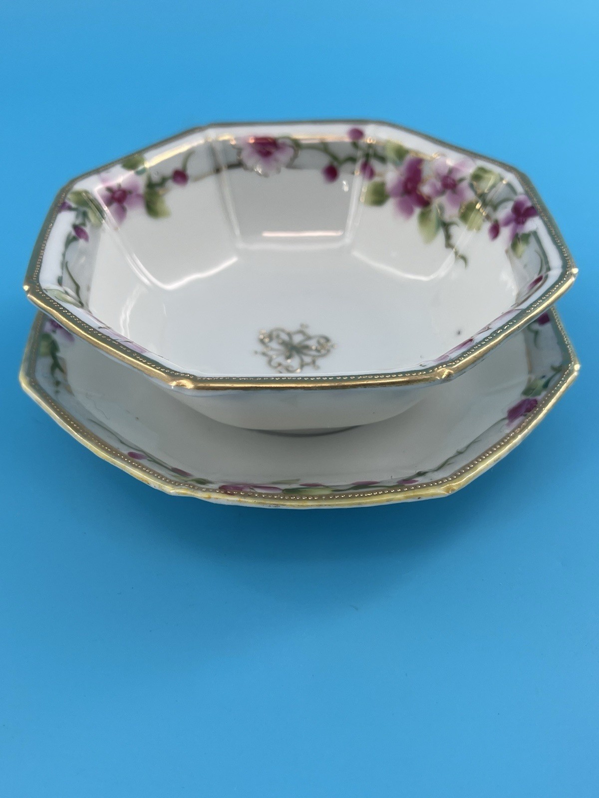 Absolutely Beautiful Vintage Hand Painted Nippon Octagonal Bowl and Saucer-Gold Absolutely Beautiful Vintage Hand Painted Nippon Octagonal Bowl and Saucer-Gold
