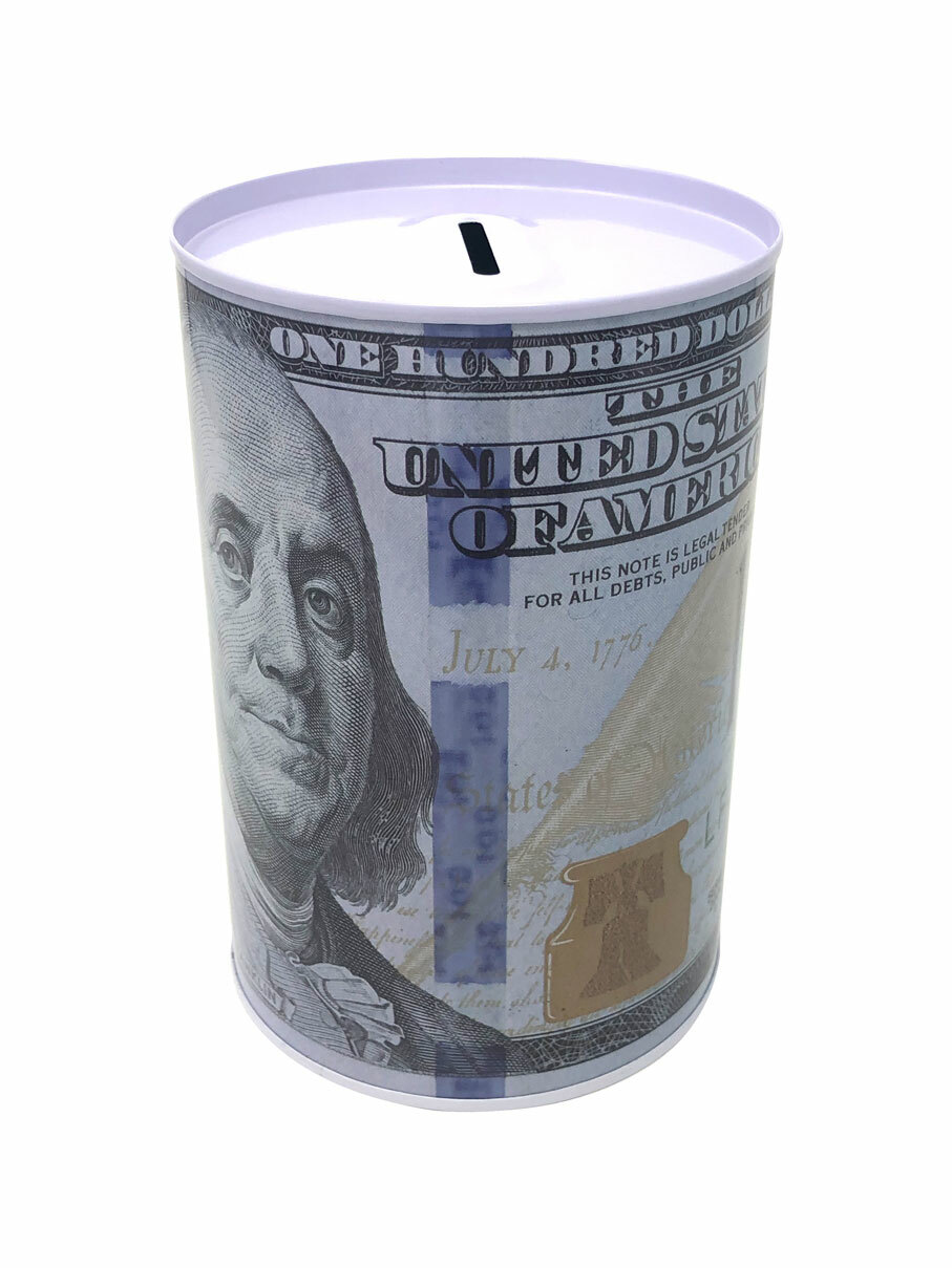 Tin Money Savings Piggy Bank with Ben Franklin $100 Bill Money Coin Saver 4\