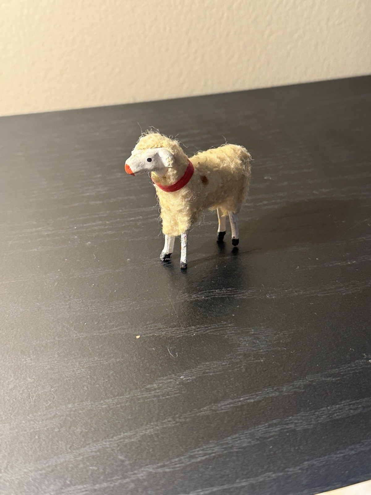 1930\'s Made in Germany Putz Wool Stick Leg Sheep Red Paper Collar