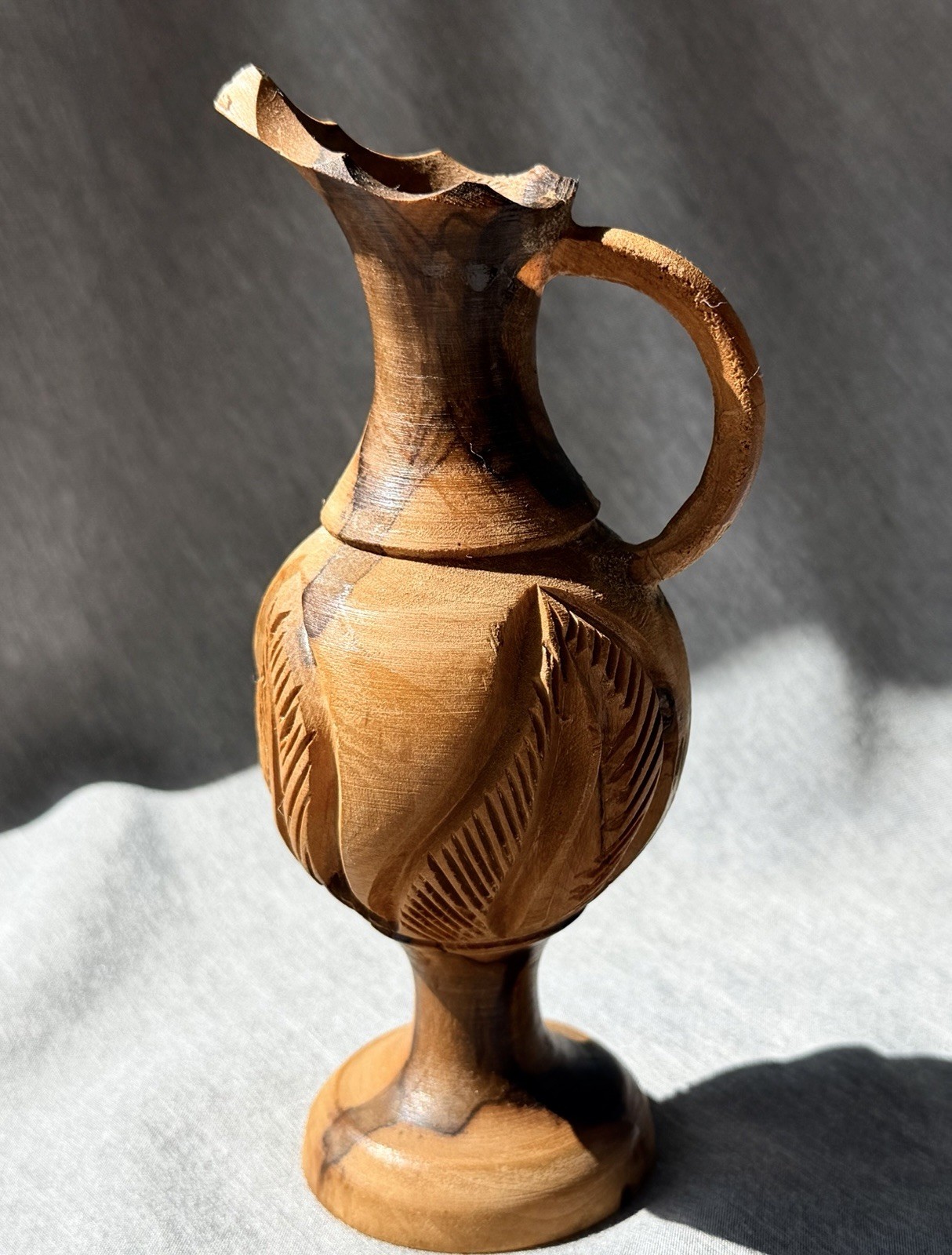 Vintage Olive Wood Carved Pitcher Vase 5.5 Inch Mid Century Folk Art Accen