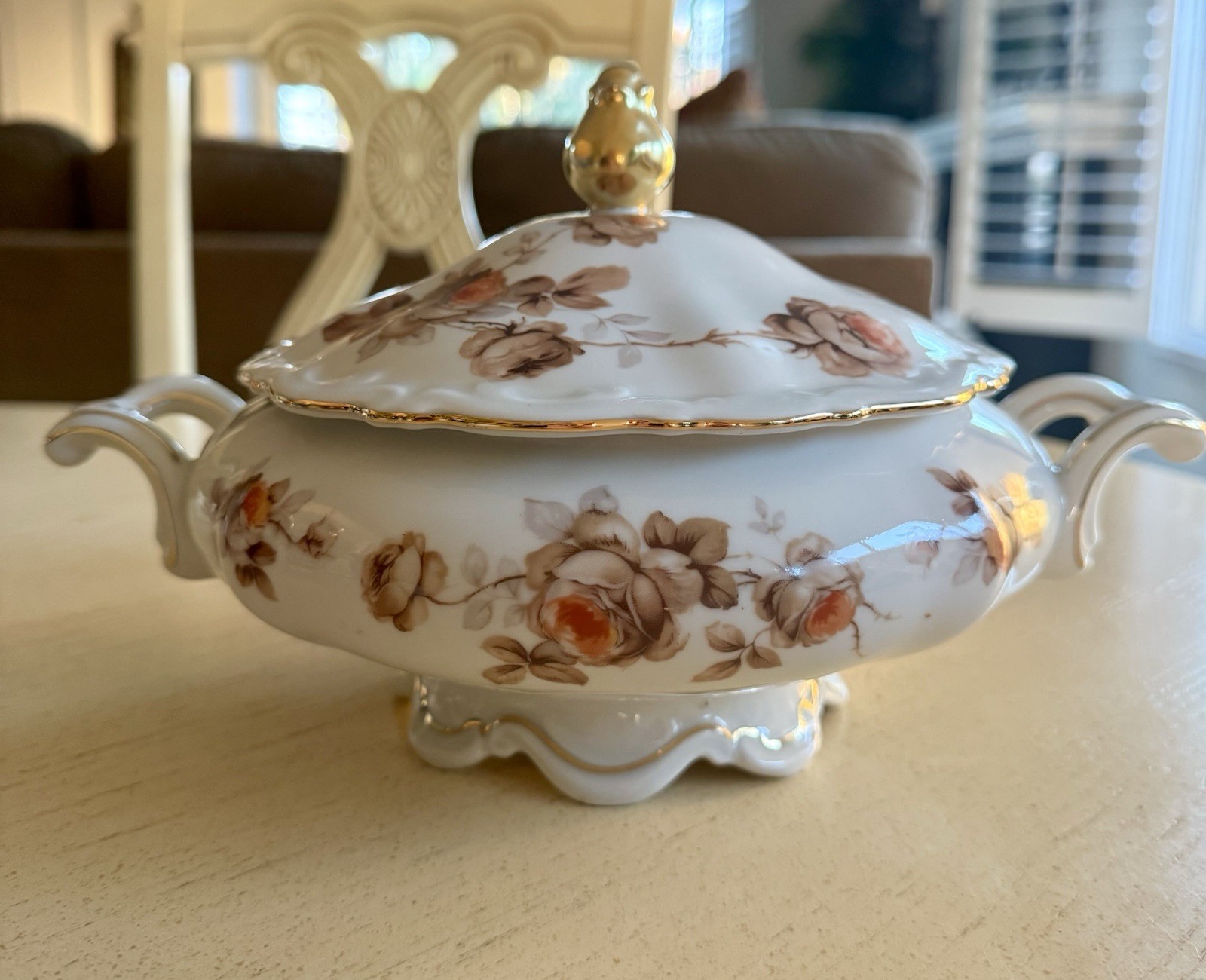 Vtg  Mitterteich Bavaria Memory Rose 2204 Covered Tureen Germany Gold Trim 11”