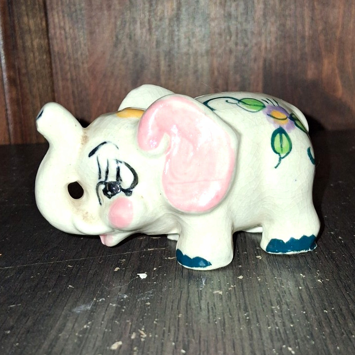 Vintage Ceramic Elephant Piggy Bank White Floral collectable Coin Slot