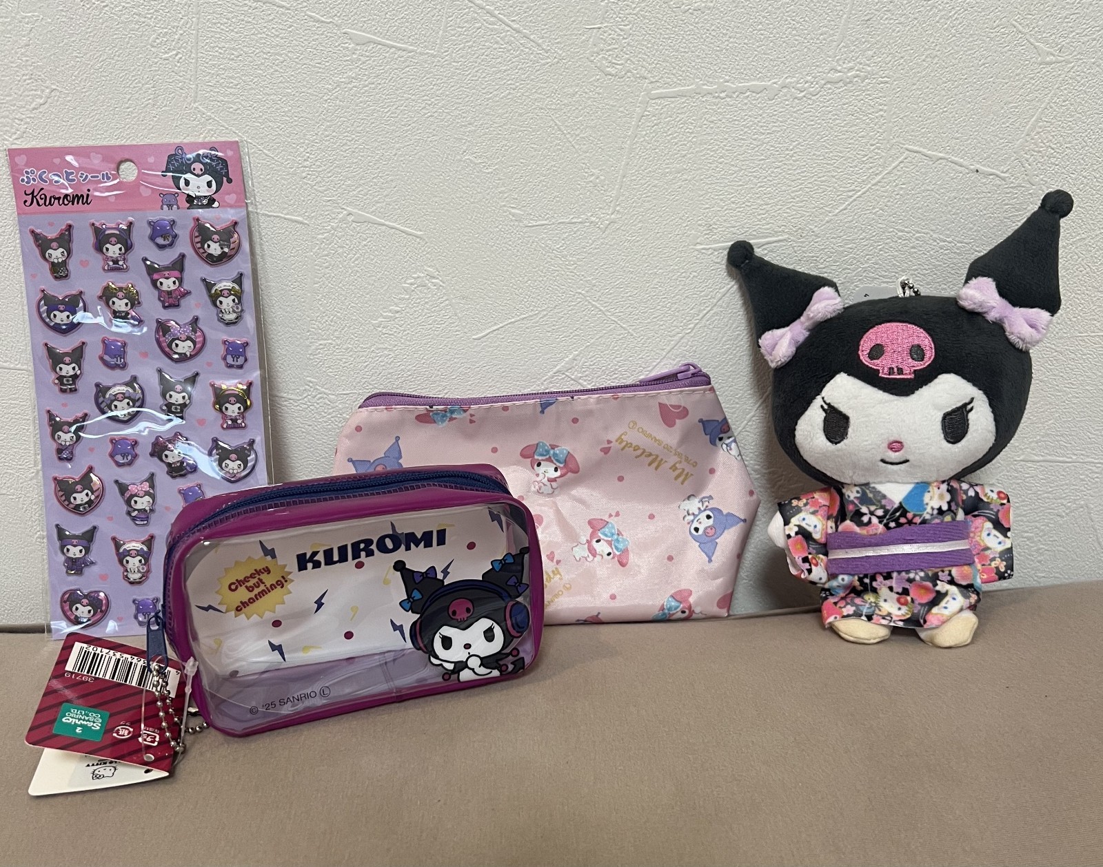 Sanrio Kuromi Kimono Plush Daiso Clear Pouch Sticker 4pc Lot Japan New