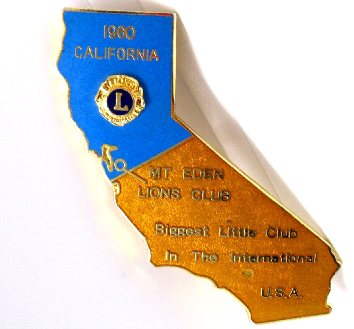 Vintage Mt Eden Lions Club Lapel Pin California 1960 Gold Tone Map Design