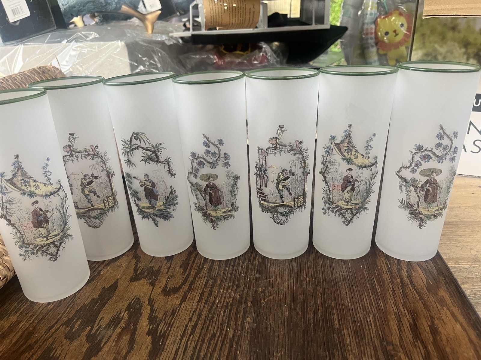 Federal Glass Frosted Tumbler Tom Collins Highball MCM Glasses Chinoiserie 7ct