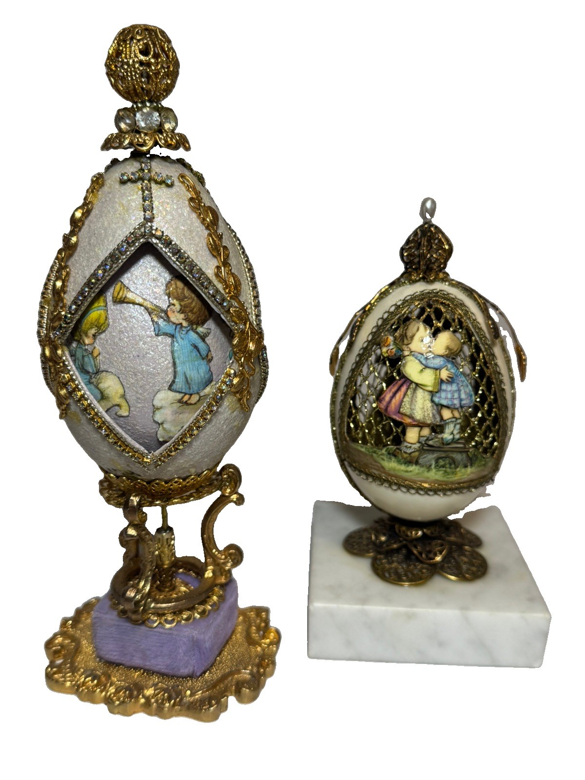 Vintage 1985 Signed EM Hand-Crafted Eggshell Art Diorama Angel Set of 2