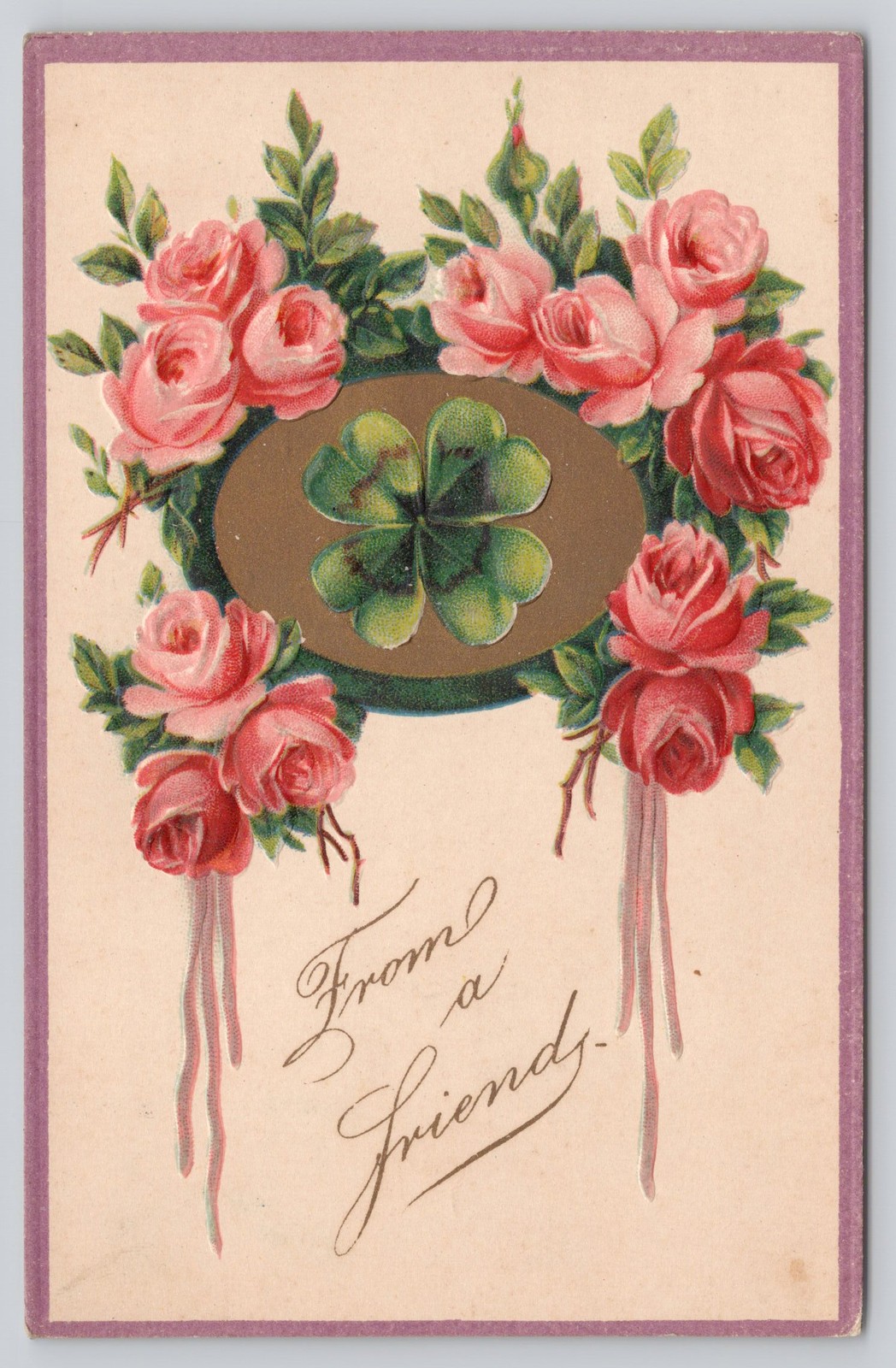 Antique 1910 Greeting Postcard Roses Four Leaf Clover Embossed Germany