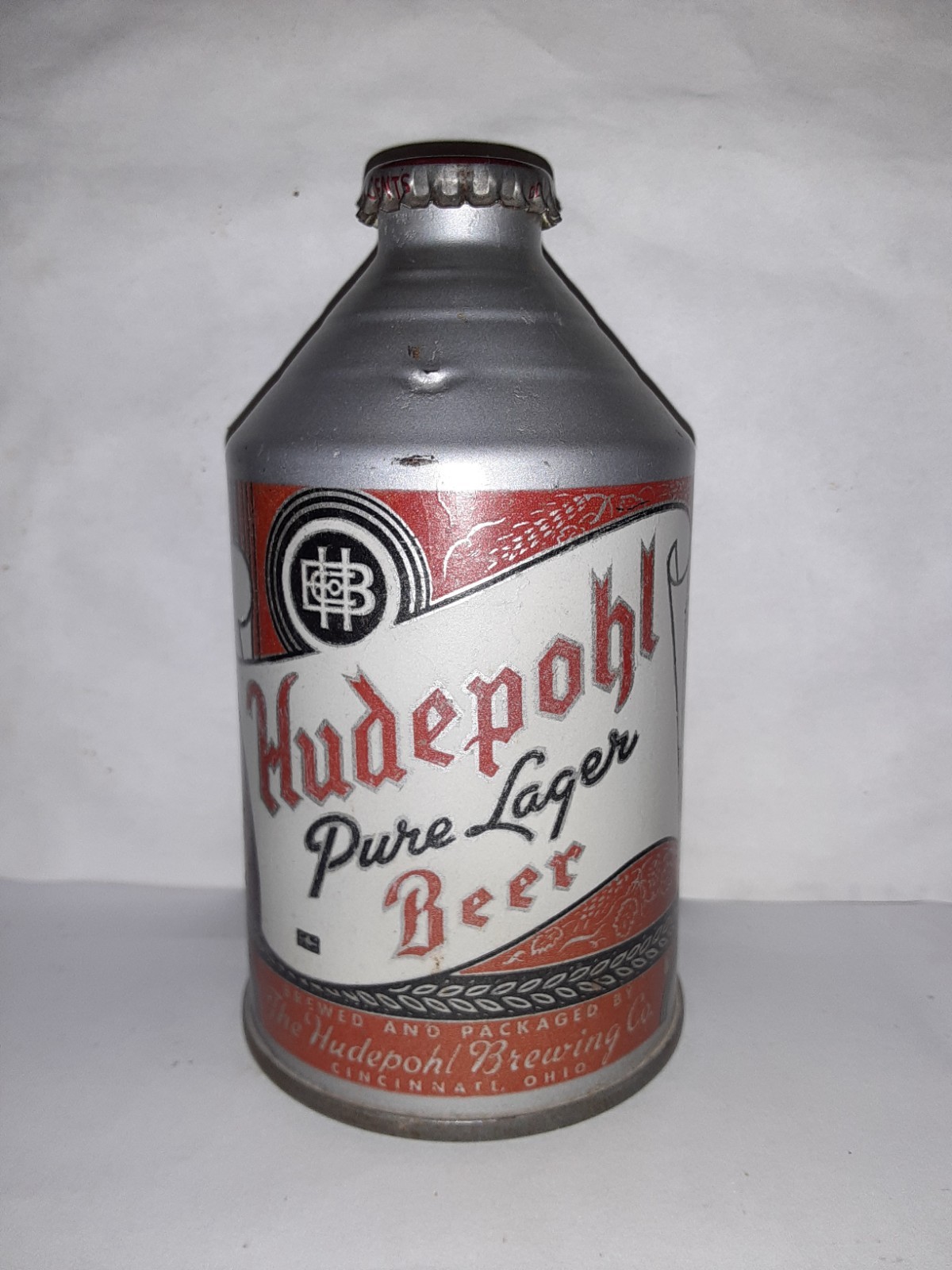 EMPTY  Hudepohl 12oz. Crowntainer Cone Top Beer Can Cincinnati Ohio Resorted