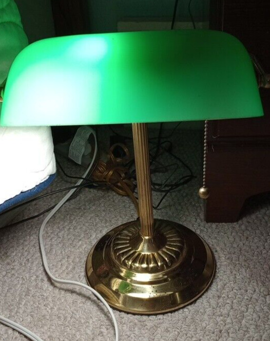 Vintage Banker's Desk Piano Lamp Green Glass Shade Pull Chain Brass Finish Base