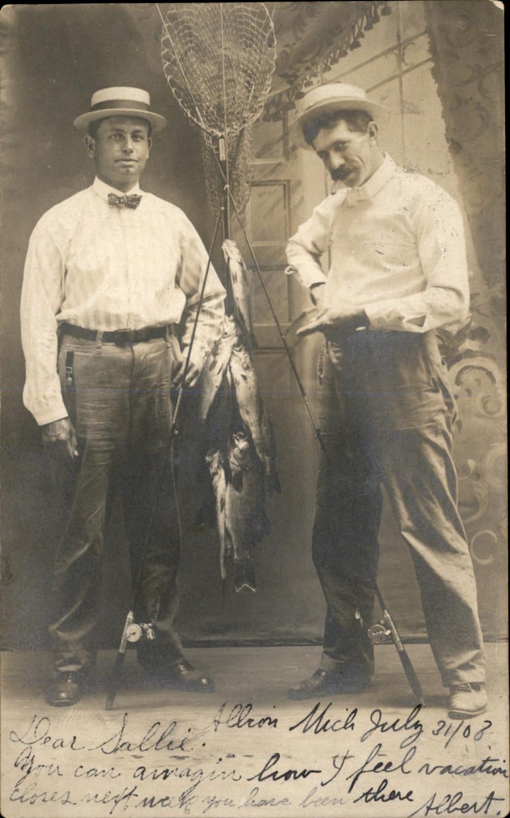 Albion Michigan MI Two Men with Fish Fishing Gear Studio Image RPPC c1910 bhn