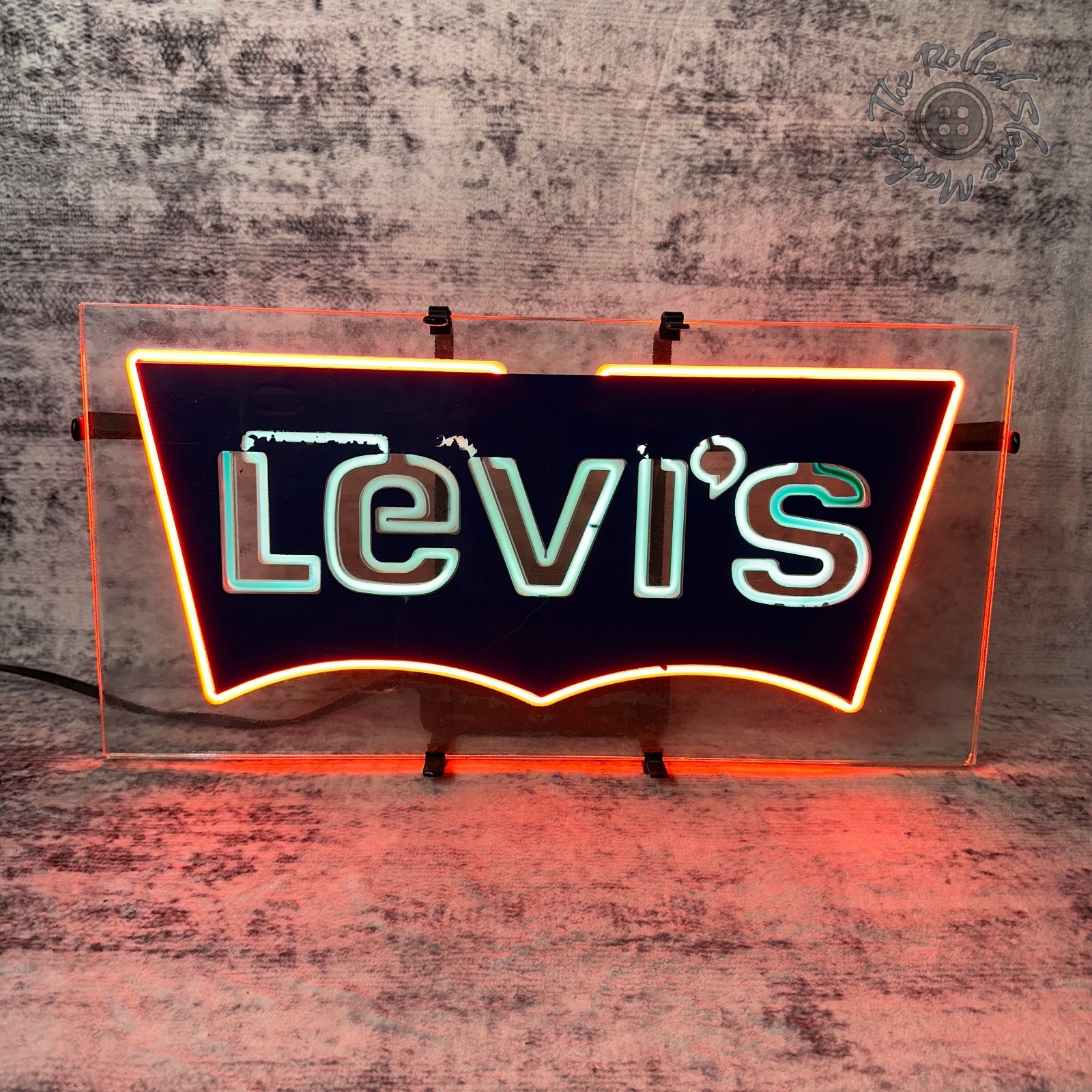 Vintage 1970s Levi's Batwing Neon Store Display Sign 24x12 3-Layer Glass