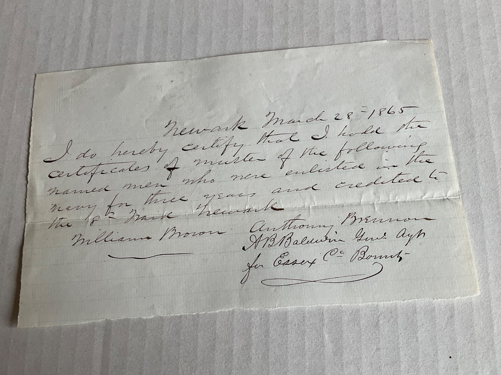 CIVIL WAR US NAVY NOTE HOLD MUSTER FOR TWO 1865 NEWARK CERTIFICATES OF MUSTER