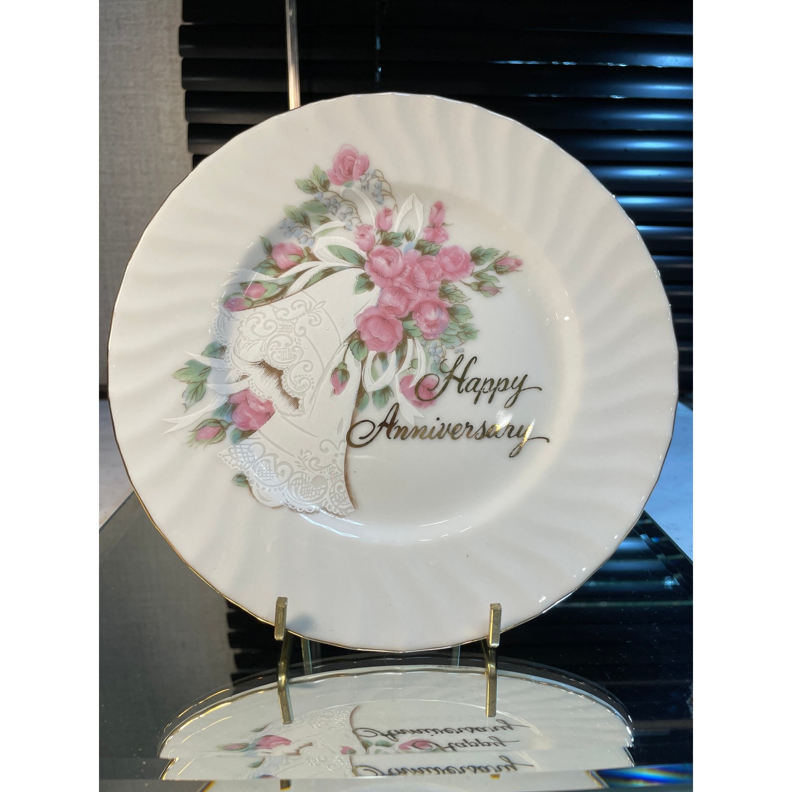 Vintage Happy Anniversary Plate Swirl Edging Beautiful Pink Roses and Bells Vintage Happy Anniversary Plate Swirl Edging Beautiful Pink Roses and Bells