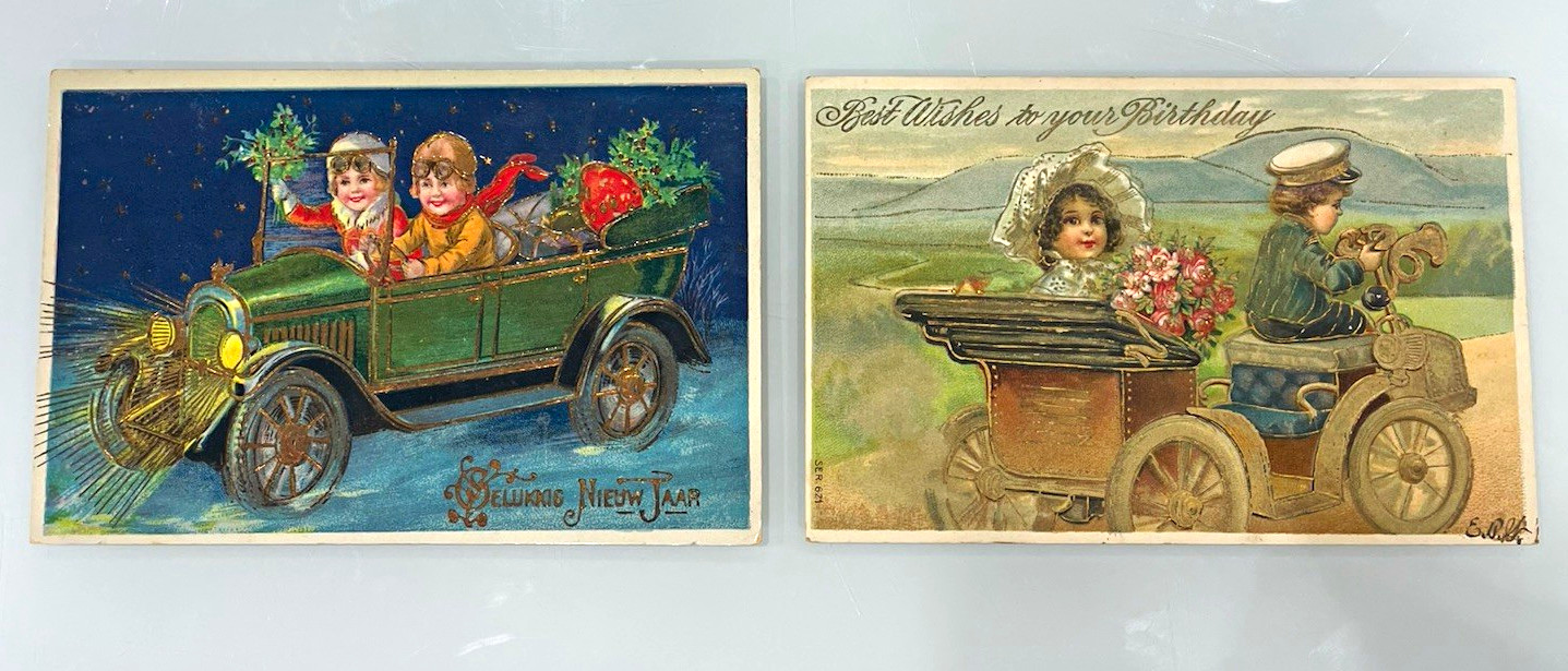 2x 1907 Edwardian Holiday Birthday Postcards Kids in Automobiles Dutch