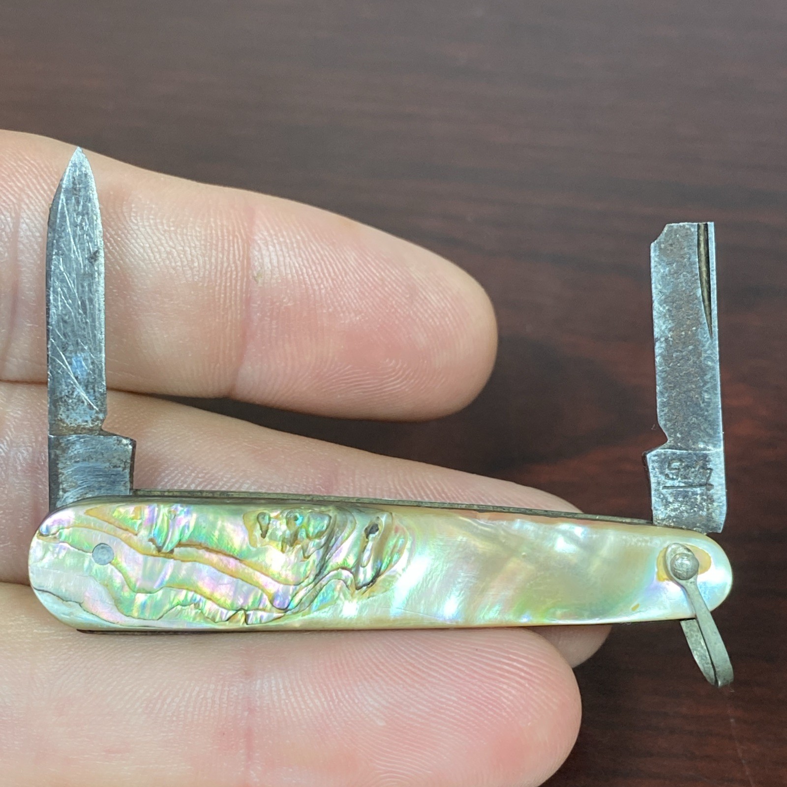 Antique Schatt & Morgan S&M MOP Mother of Pearl Pocket Watch Fob Folding Knife