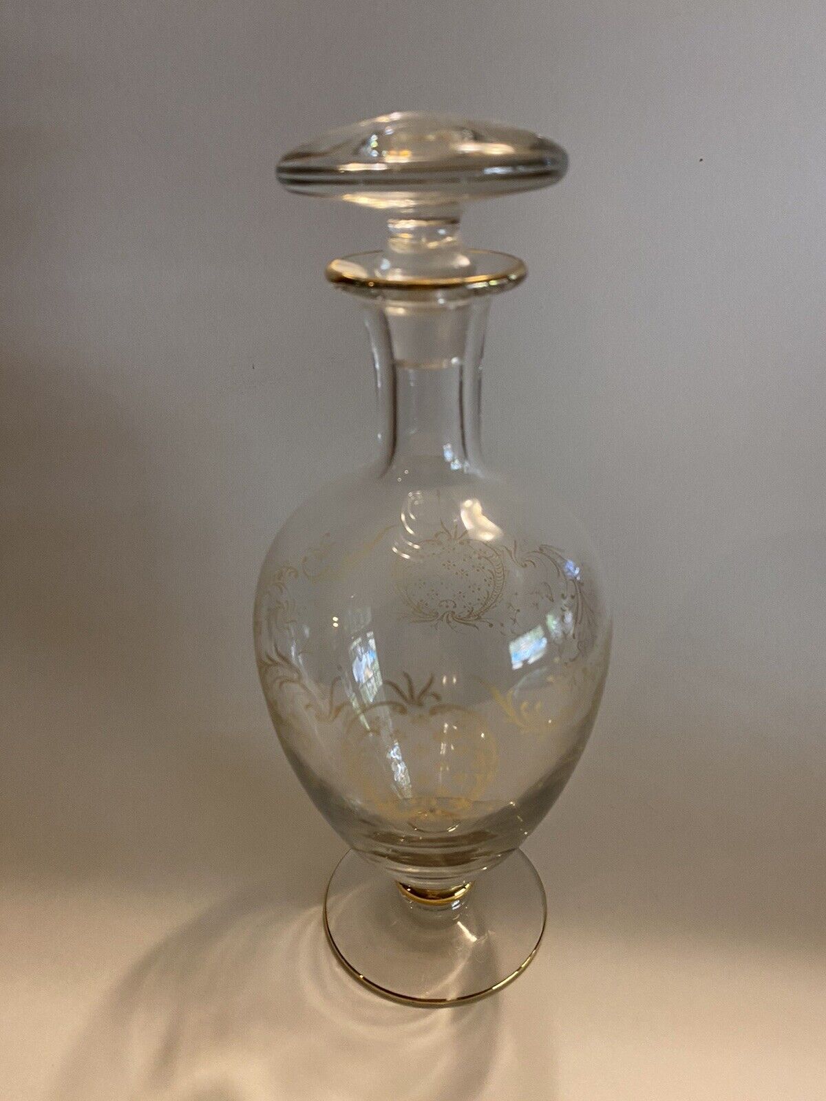 Vintage Clear Glass Gold Etched Decanter WStopper