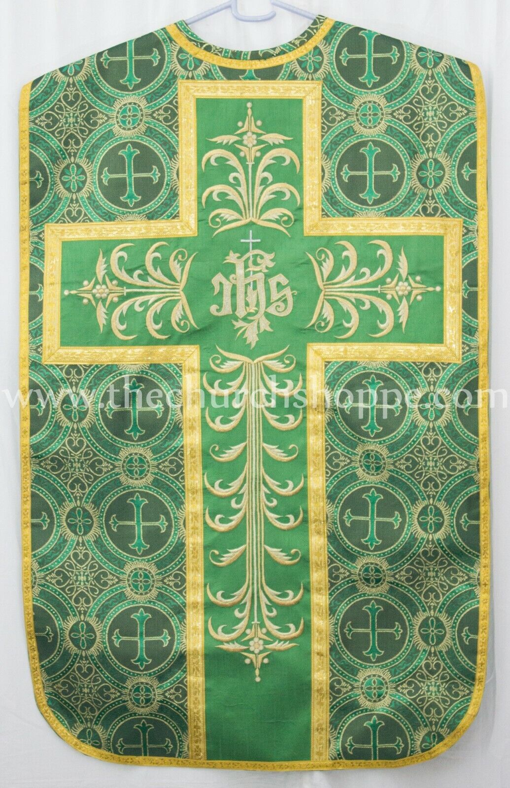 Metallic Green Roman Chasuble Fiddleback Vestment 5pc set,IHS embroidery