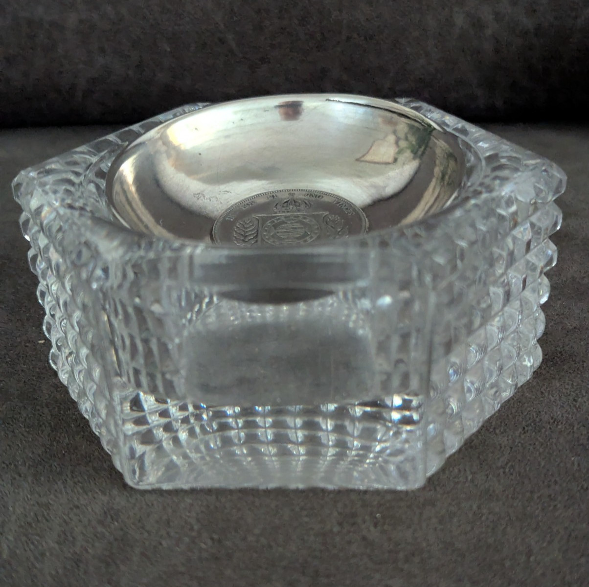 Vtg Lead Crystal Hexagonal Faceted Paperweight w/Silver Bowl w/1865 Reis Coin Vtg Lead Crystal Hexagonal Faceted Paperweight w/Silver Bowl w/1865 Reis Coin