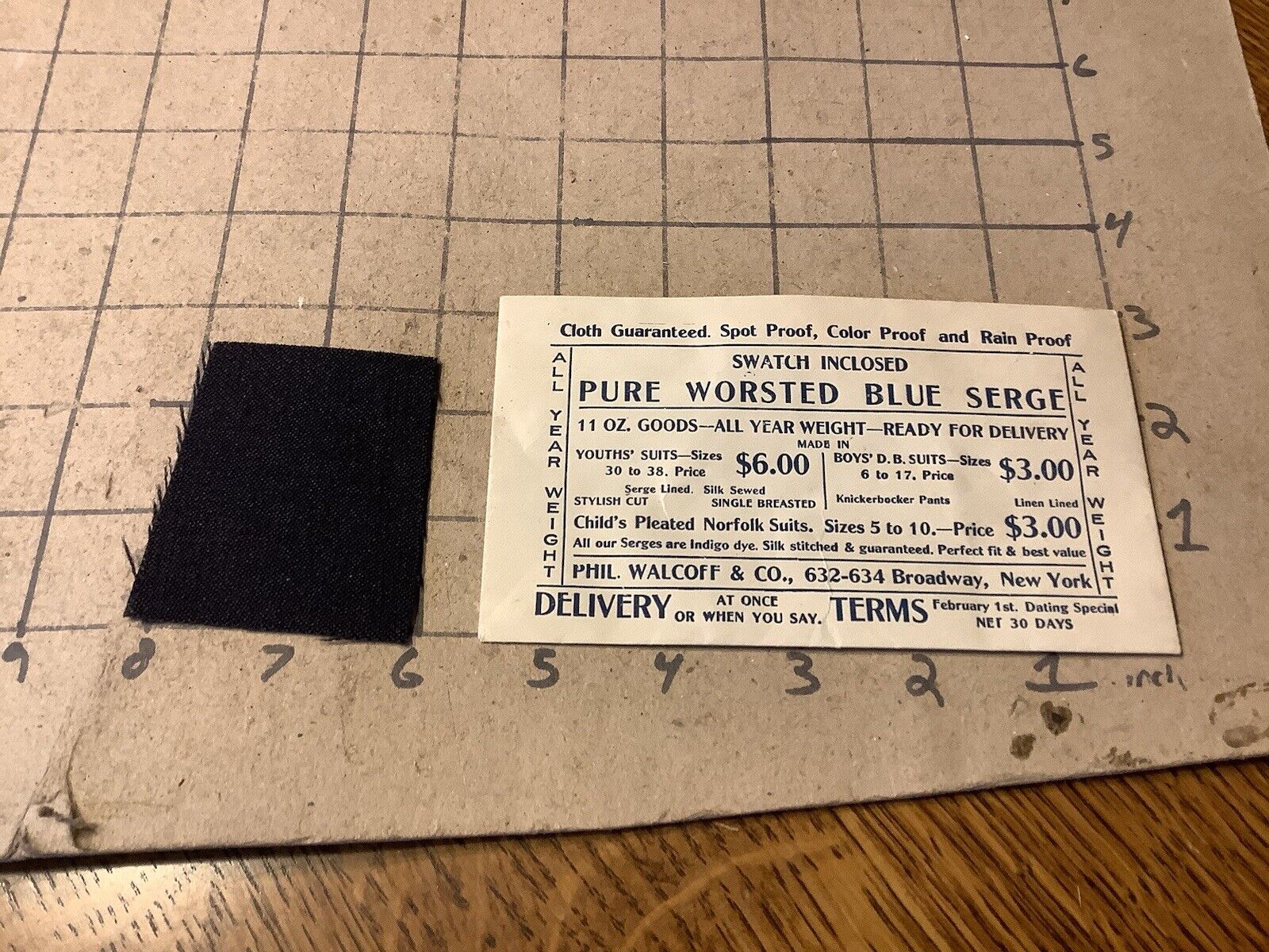 original circa 1911 pure worsted blue sege swatch in envelope PHIL WALCOFF co