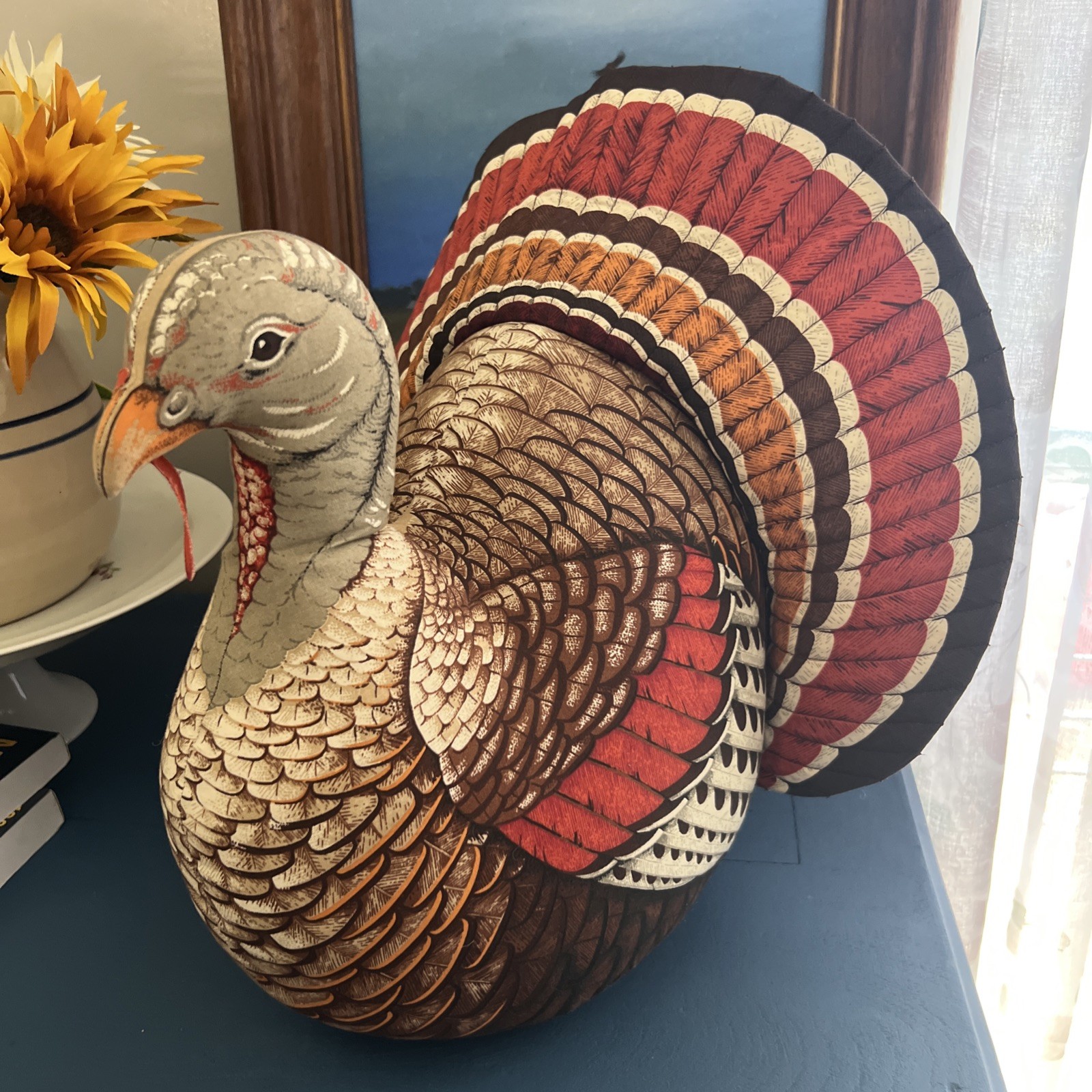 Vintage Handmade Stuffed Fabric Turkey THANKSGIVING DECOR Centerpiece Plush 14”
