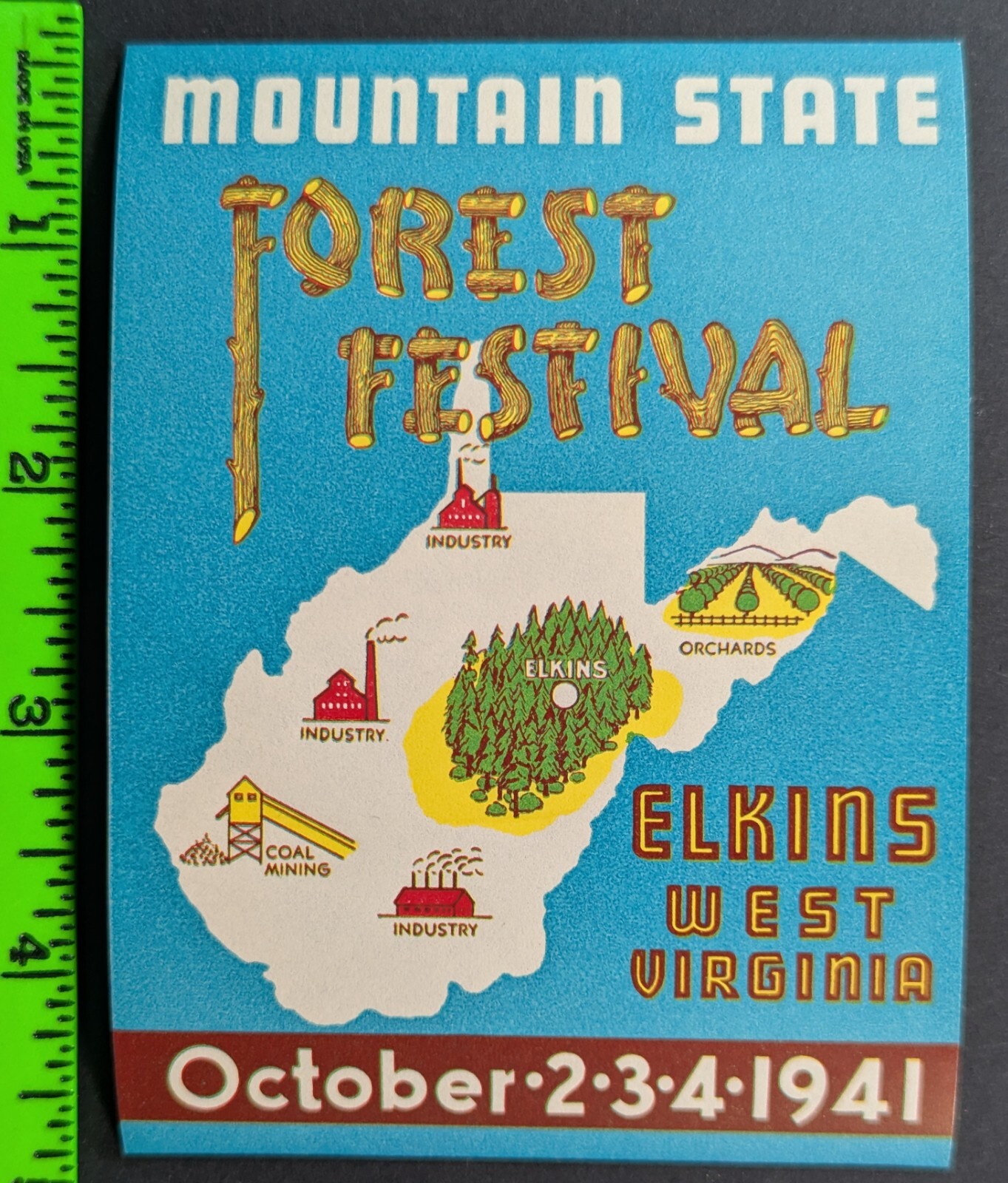 Vintage 1941 Mountain State Forest Festival Elkins West Virginia Travel Label