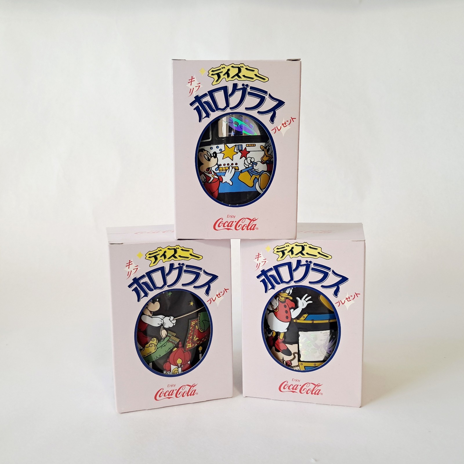 VTG 1980s Disney Coca Cola Hologram Glass Set of 3 Mickey Donald Daisy Boxed