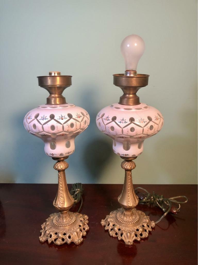 Pair of Bohemian Crystal Pink Europa Lustres Electric Lamps  Pink White