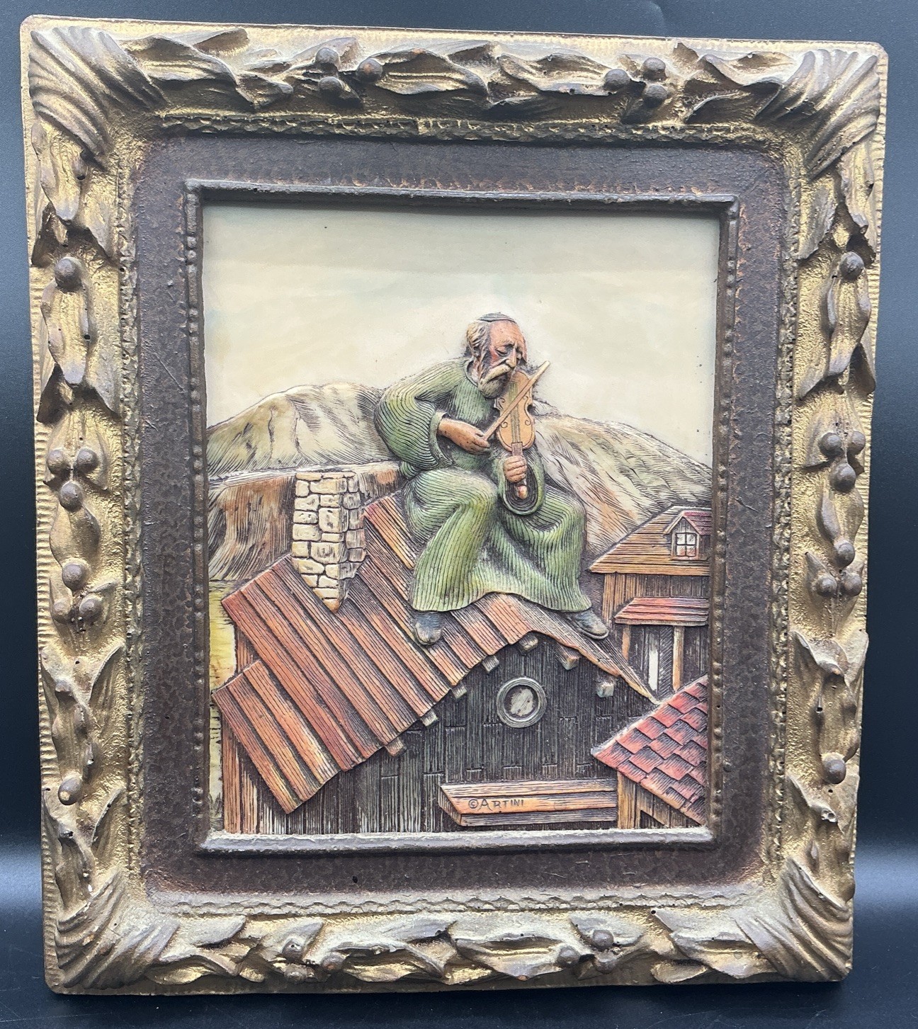 Vintage Artini Sculptured Engraving Fiddler On The Roof Twin Etched Hand Painted