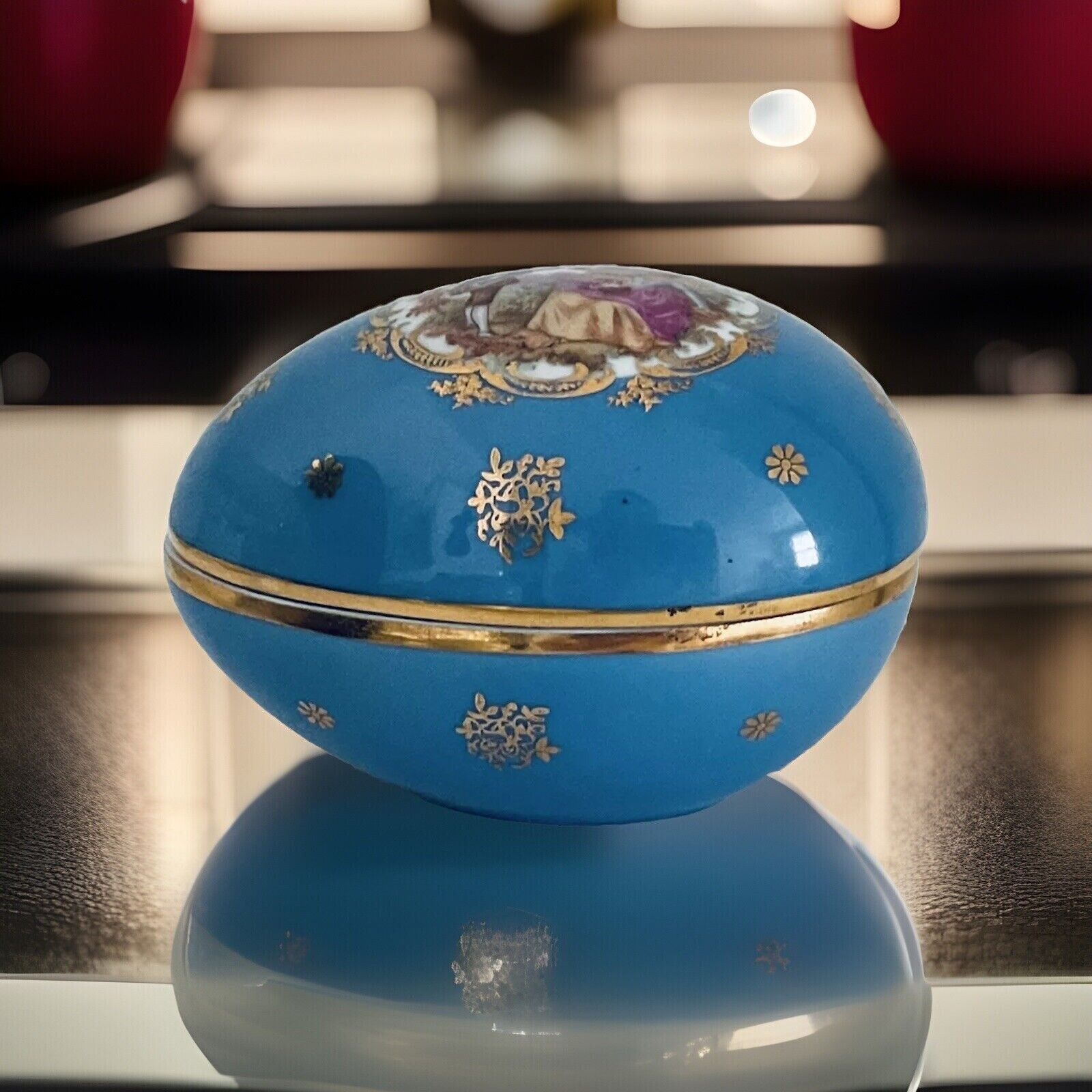 Limoges Castel France Egg -  Blue Gold Floral Design Jewelry Trinket Box