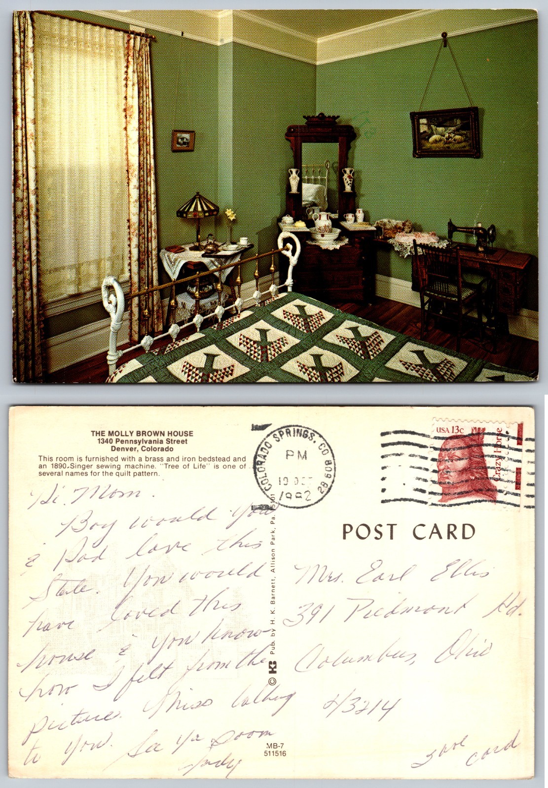 Continental The Molly Brown House Bedroom Postcard