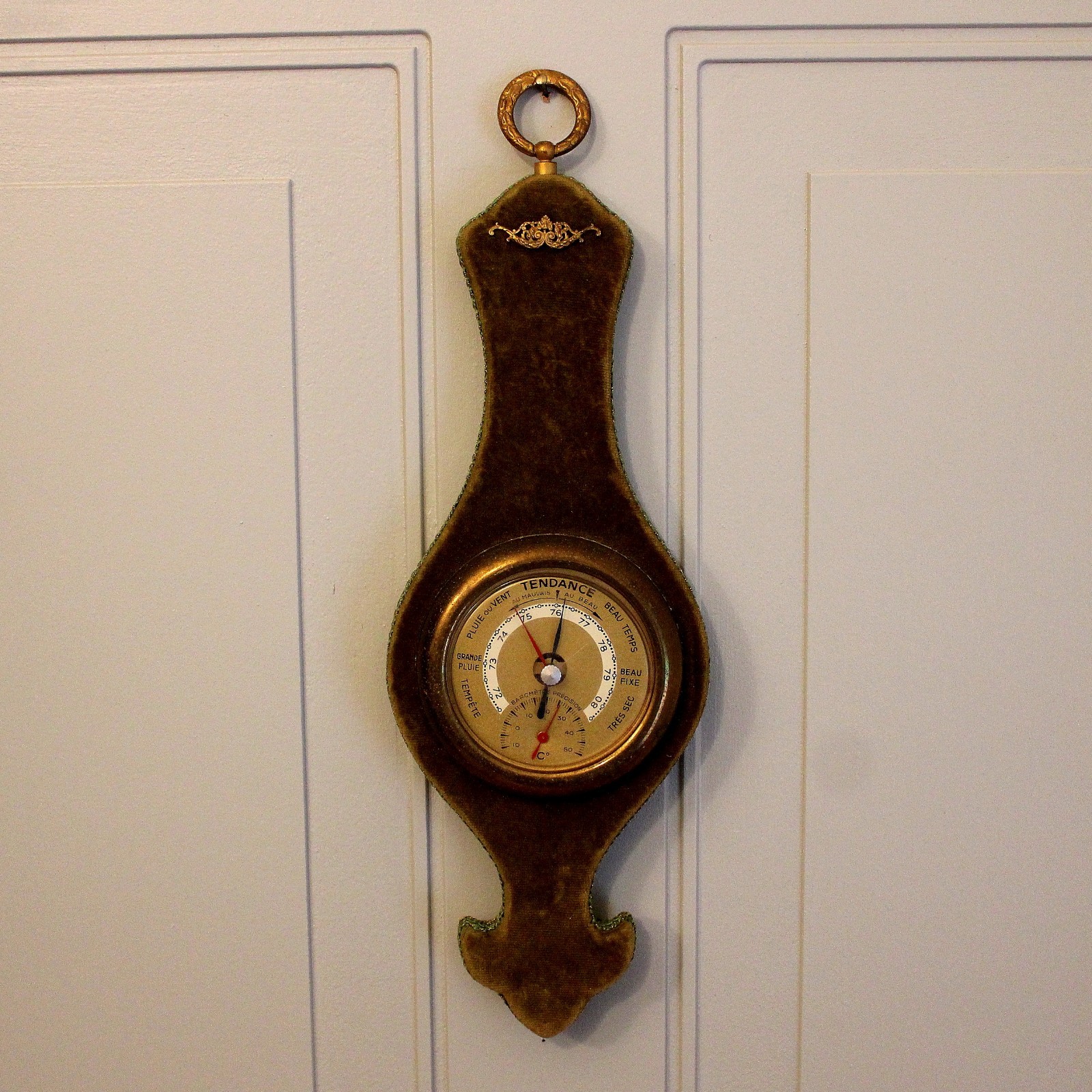 Antique French Velvet Covered Wood Wall  Barometer Thermometer