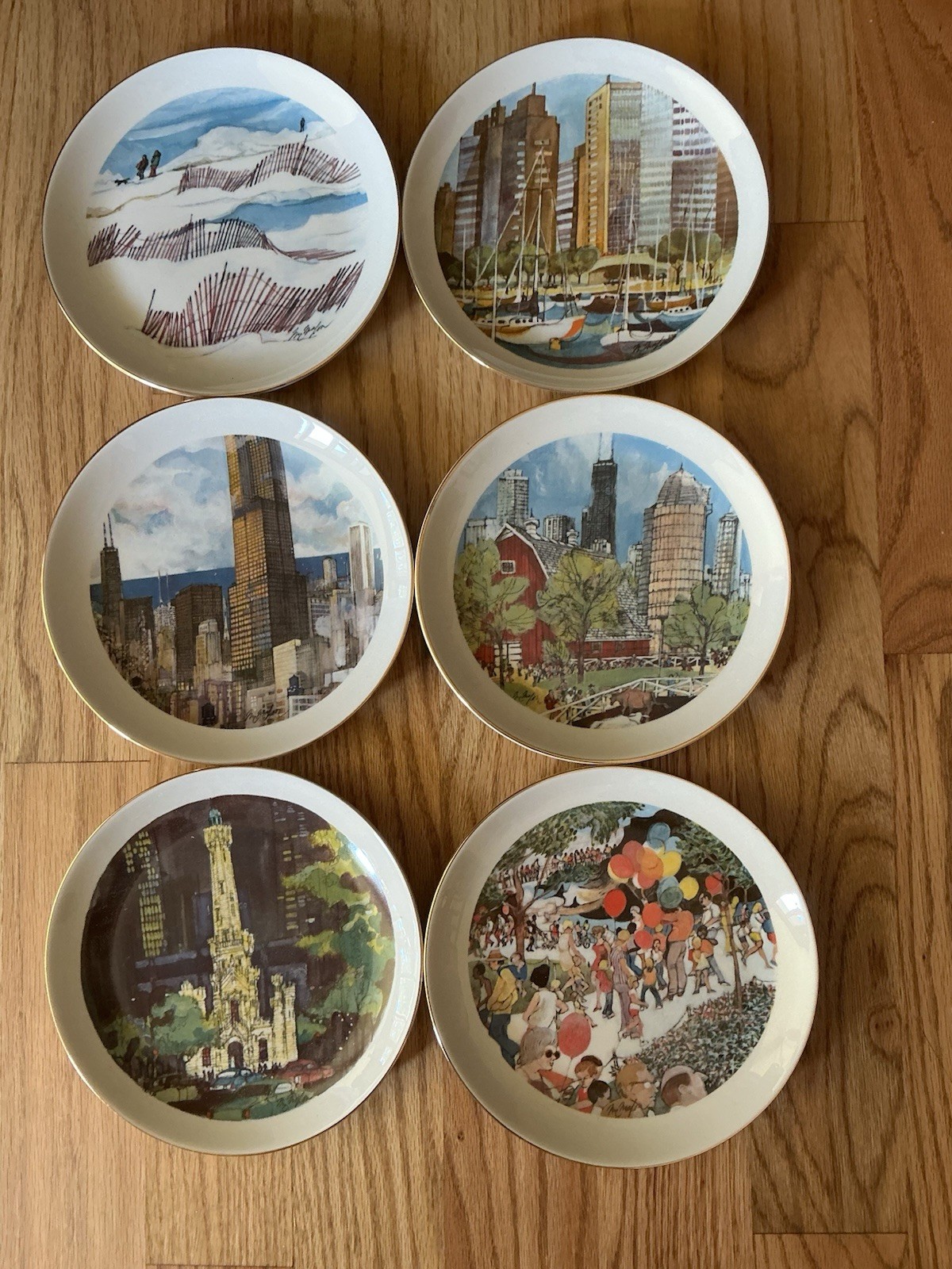 Franklin McMahon Chicago Collection Set of 6 Vintage 8” Gold Rim Plates