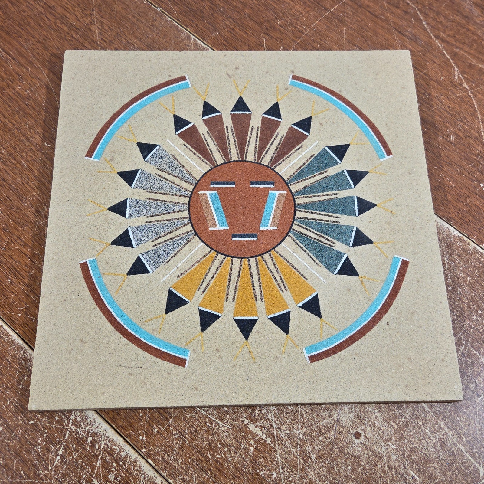 Vintage Navajo Sandpainting SUN & EAGLE Signed By Artist 1990s 4 Corners Area