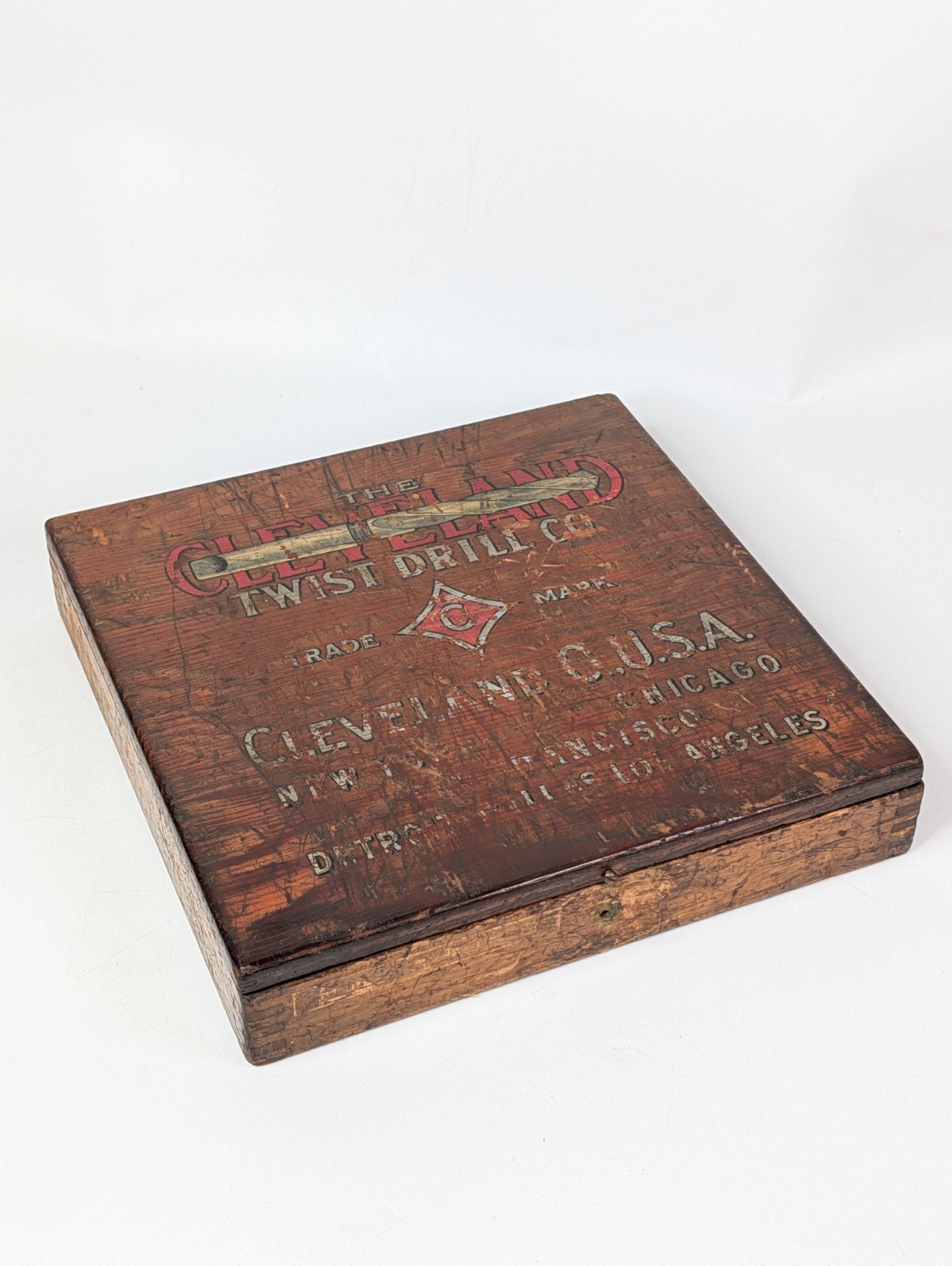 Vintage Cleveland Twist Drill Co. Wooden Store Display Case Box Painted Hinged ~
