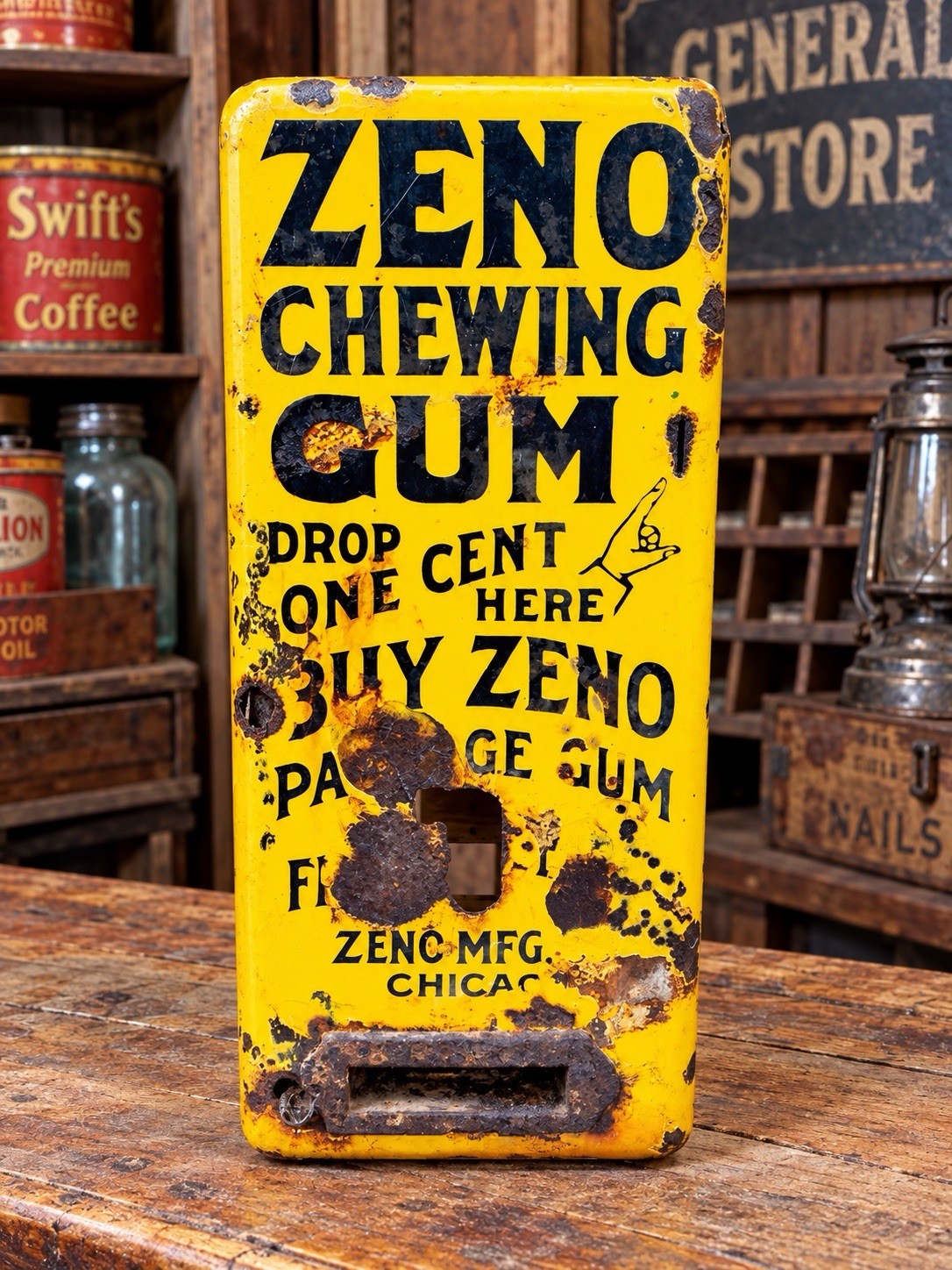 Vintage Zeno Chewing Gum 1 Cent Vending Porcelain Coin Operated Machine Front