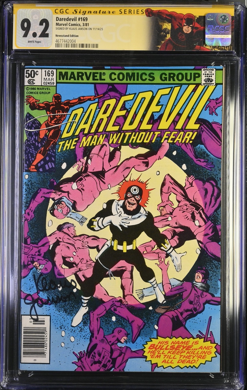 DAREDEVIL #169 CGC 9.2 WP Frank Miller Newsstand Signed Klaus Janson Marvel 1981