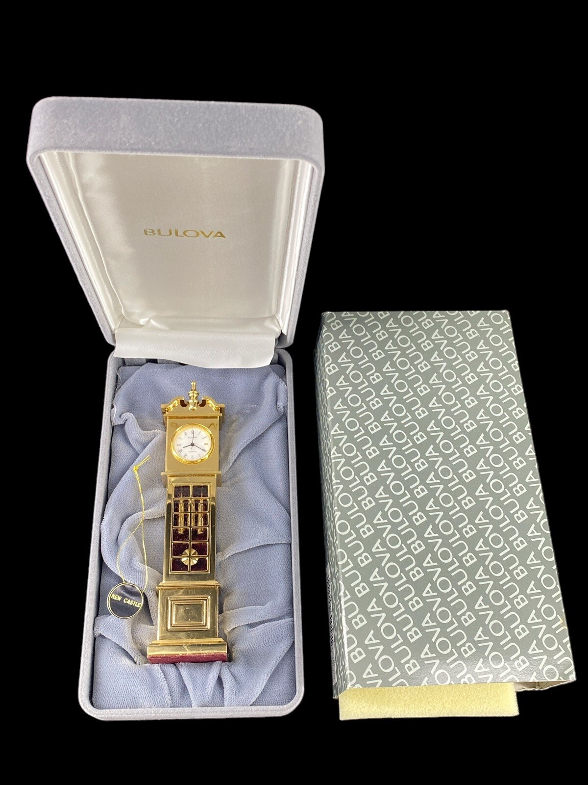 Vintage Bulova New Castle B0552 Miniature Brass Grandfather Clock NOS
