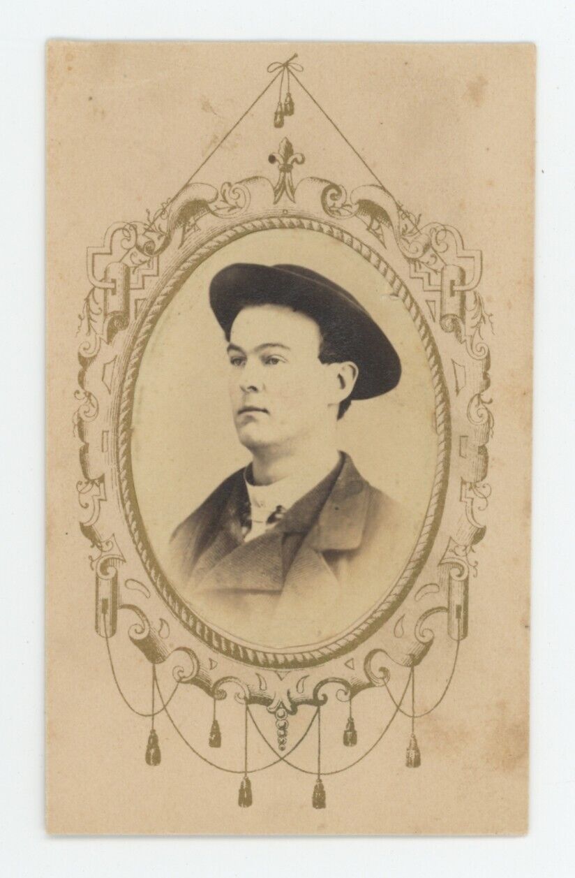 Antique CDV Cartouche Style Frame Circa 1860s Handsome Man Wearing A Unique Hat