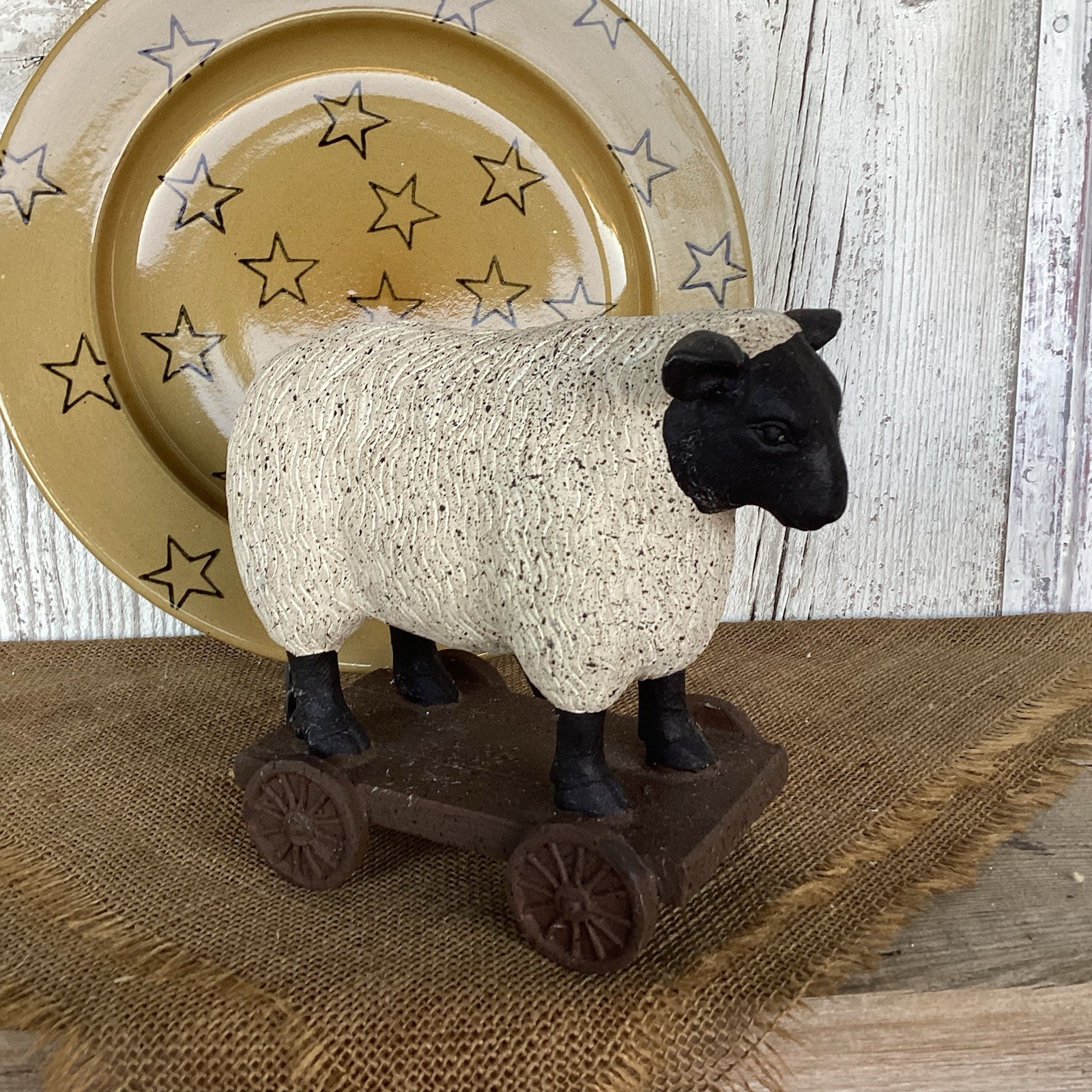 VTG Primitive Sheep On Cart with Wheels Rustic Farmhouse Decor Folk Art 6” H