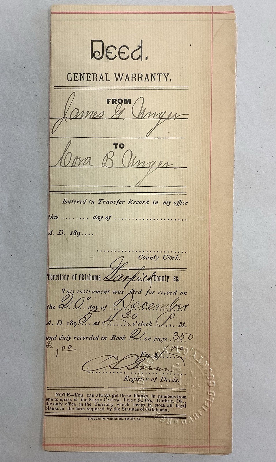 Antique 1895 Enid Oklahoma Territory Warranty Deed Garfield County James Unger