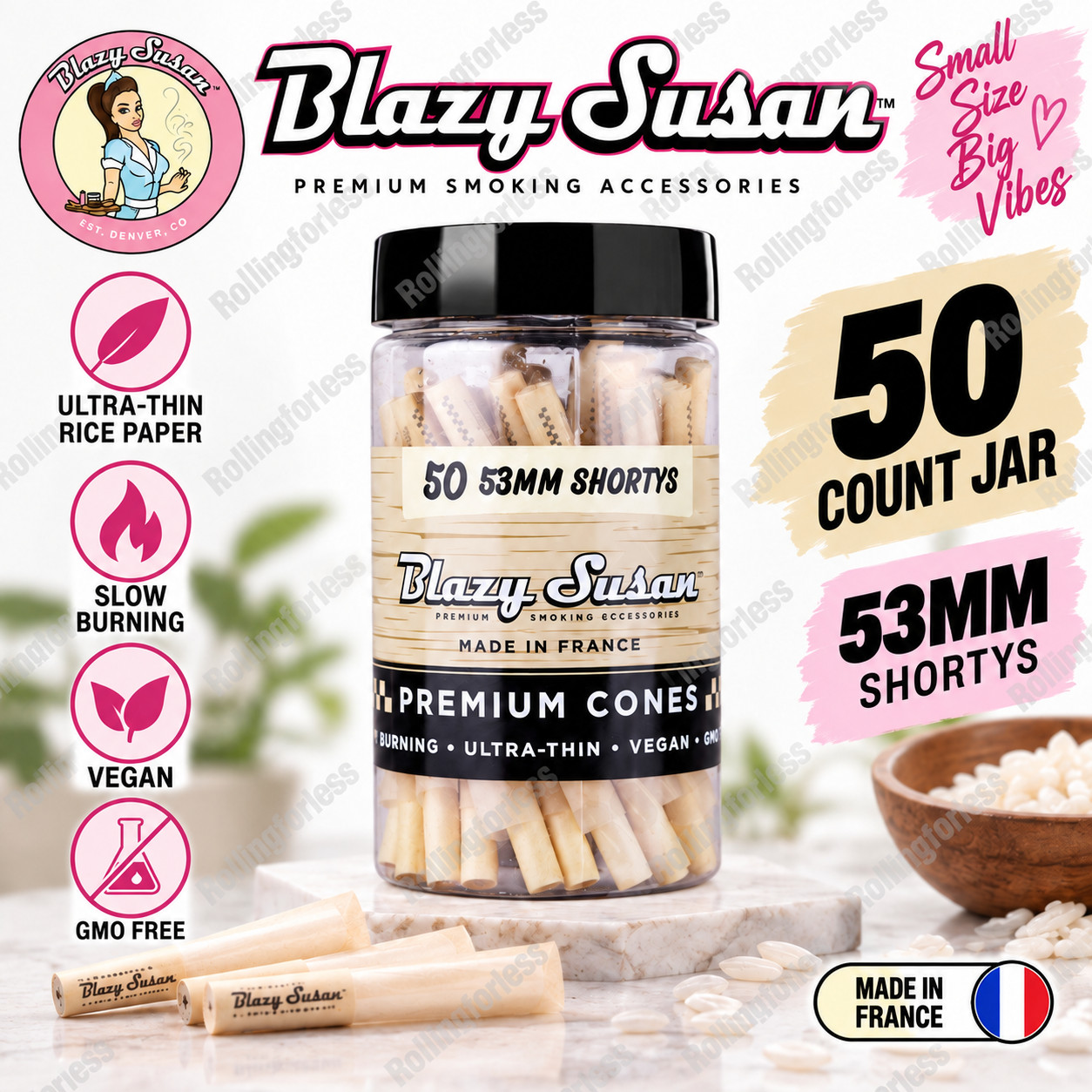 Blazy Susan Shorty 53mm Pre Rolled Cones 50 Count Jar Ultra Thin French Paper