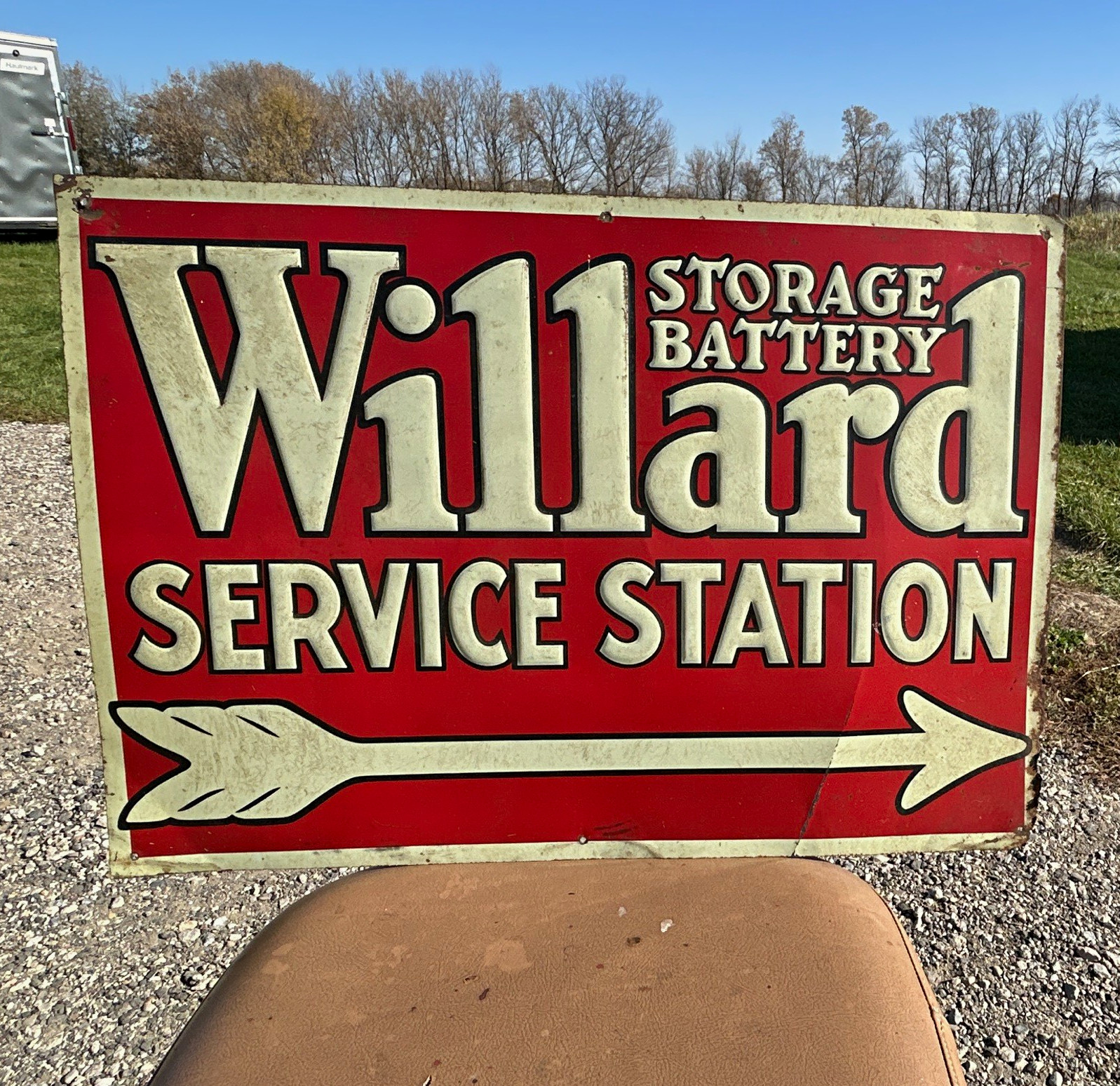Willard Storage Battery Service Station Advertising Sign w/ Arrow Red & White