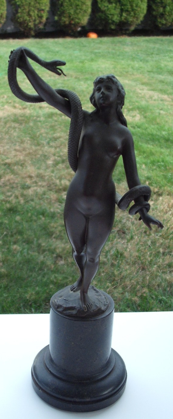 Rare Art Deco Original Nude Bronze Statue Eve & Snake Signed Karl Kowalczewski