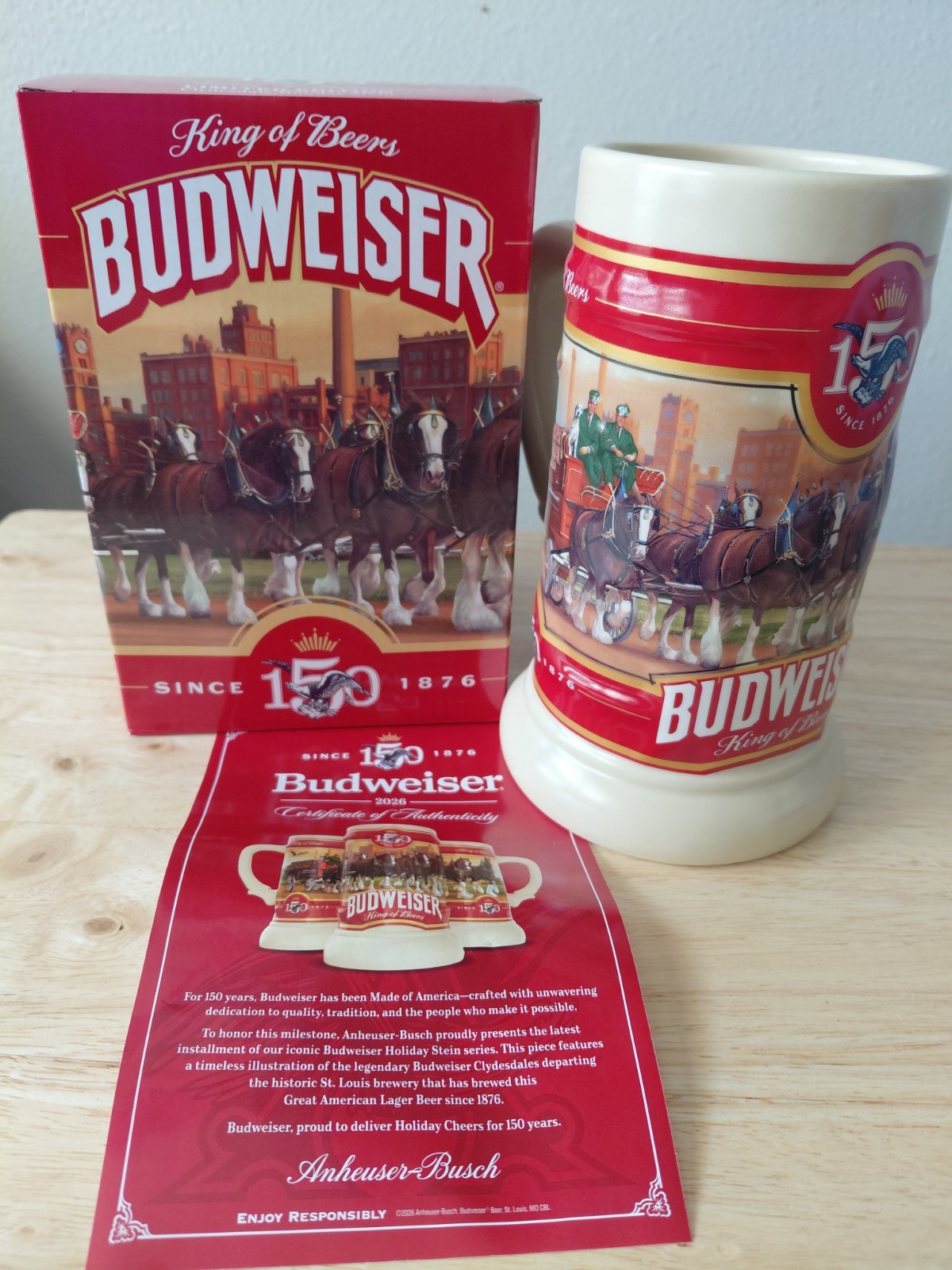 2026 Budweiser Clydesdale Holiday Stein 150th Anniversary 47th Edition COA