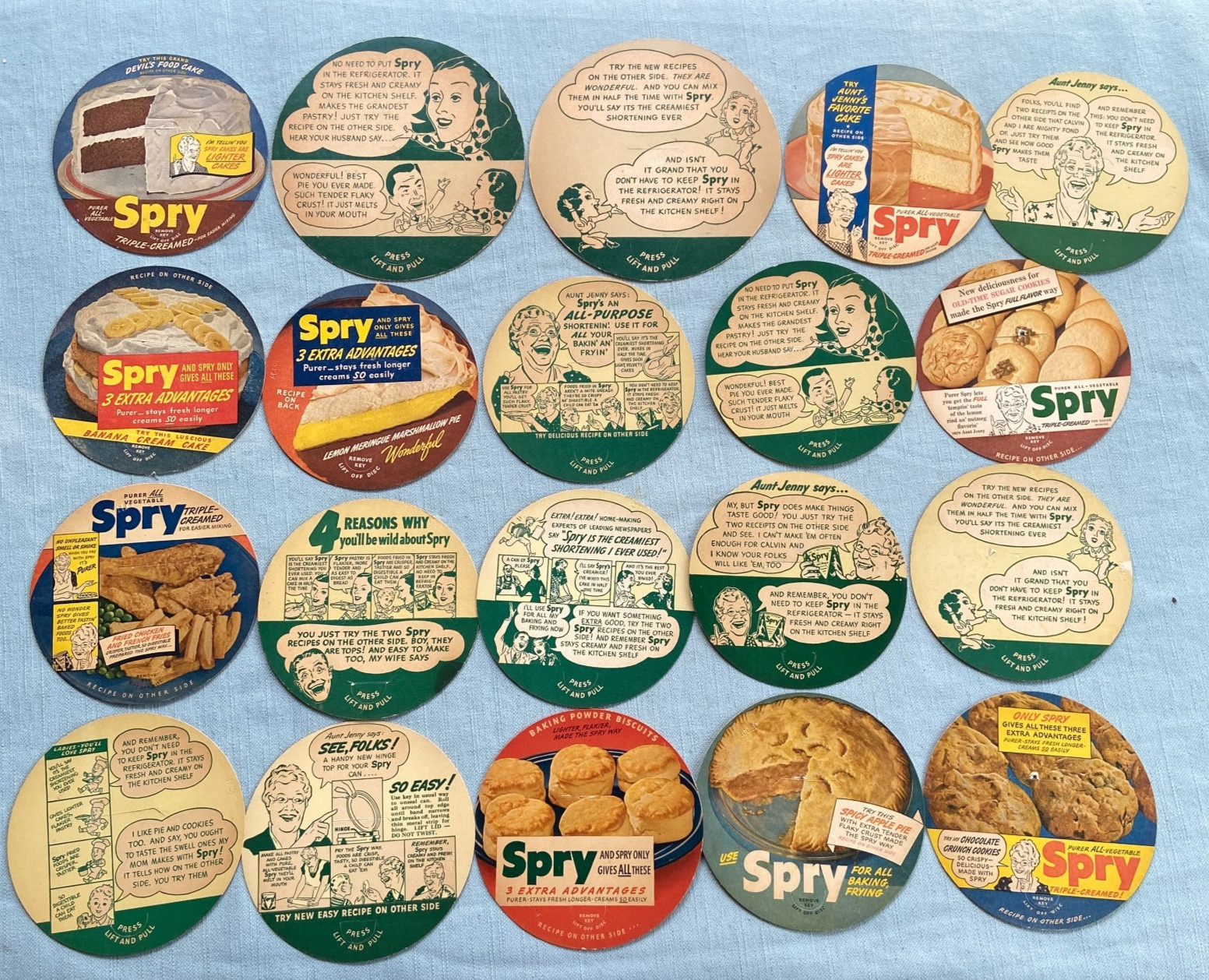 Spry Vegetable Shortening Recipe Lids Card Cake Pie Cookies Bread Comic Lot 20 