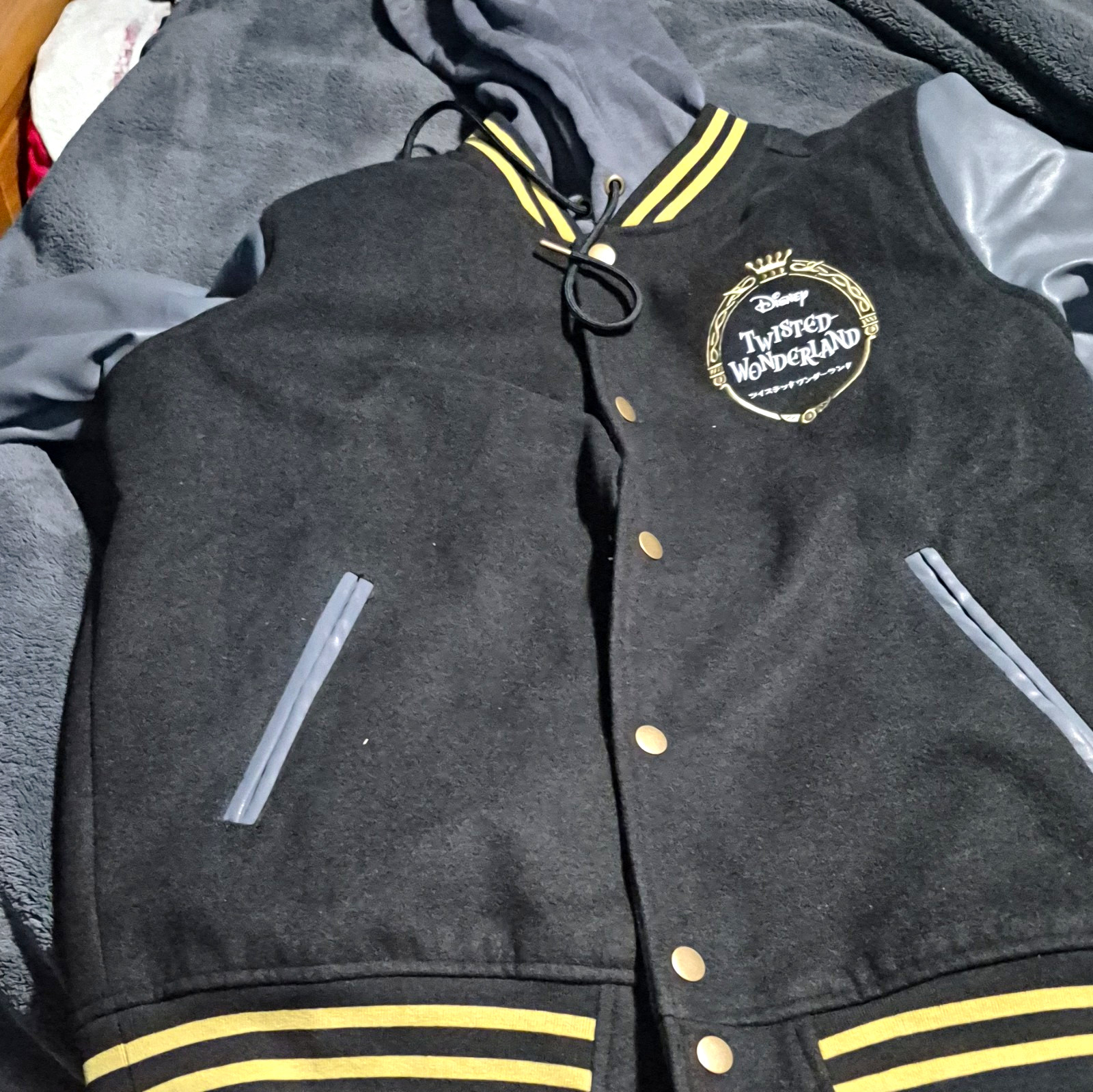 Our Universe Disney Twisted Wonderland Varsity Jacket Black/Gray/Yellow Adult L